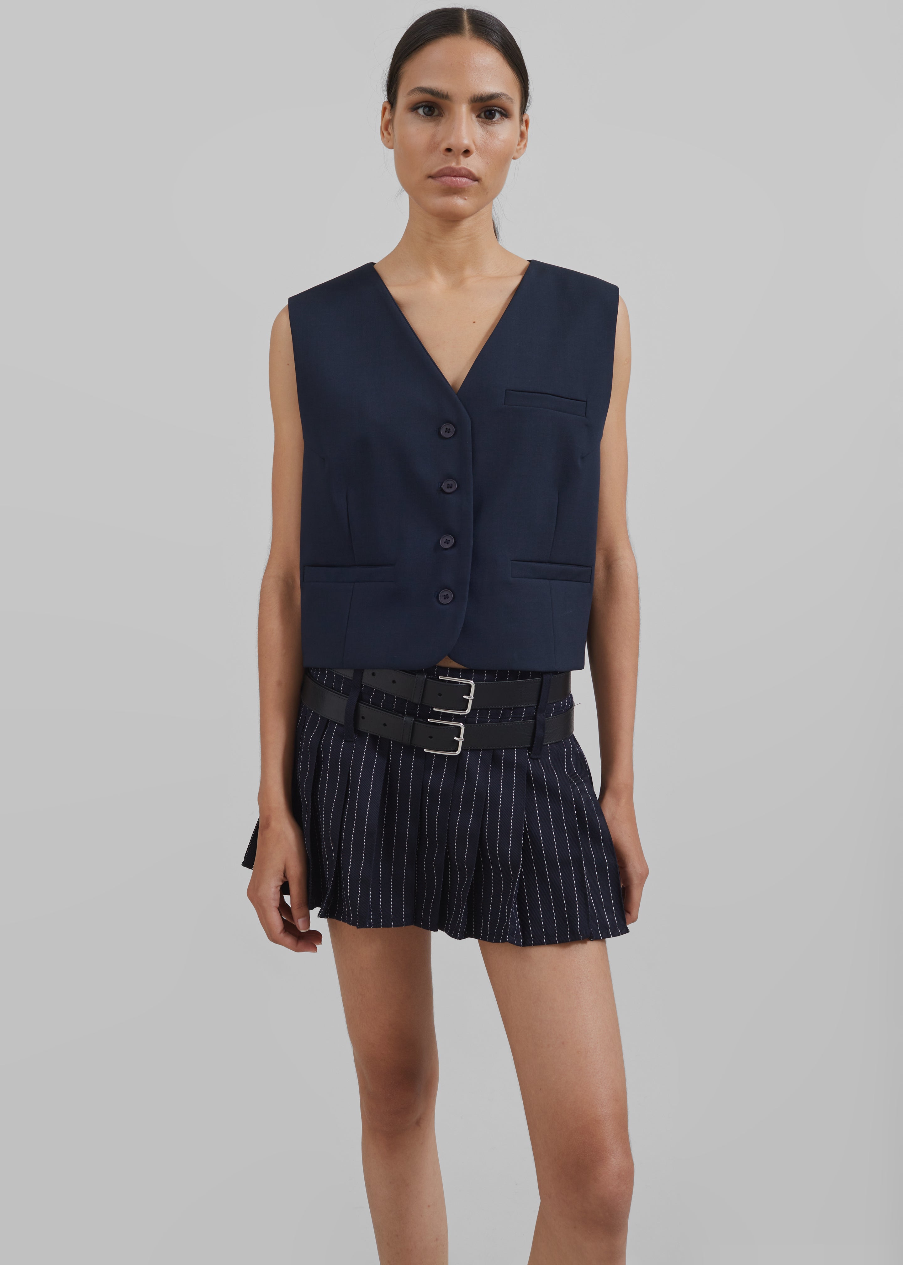 Blake Pleated Twill Mini Skirt - Navy/White Pinstripe - 3