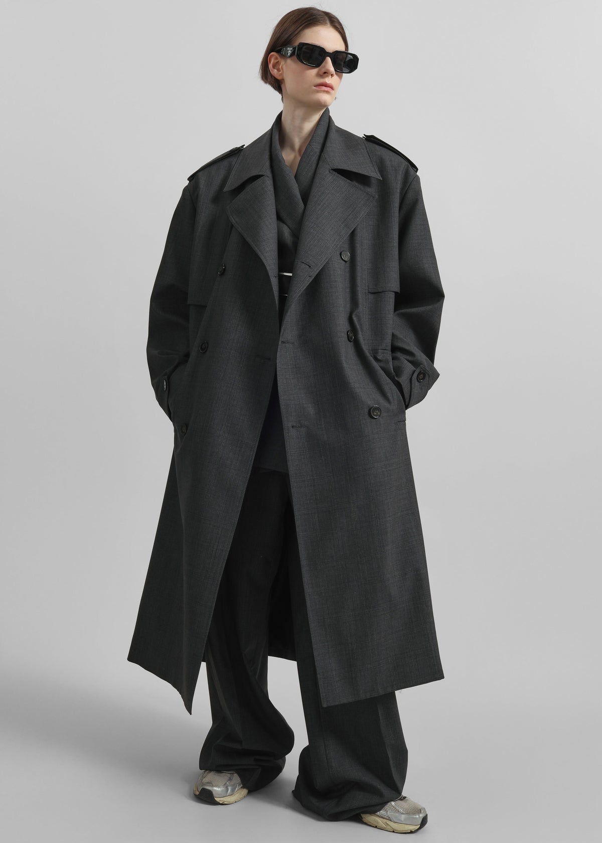 Bleecker Plaid Trench Coat - Dark Grey - 1
