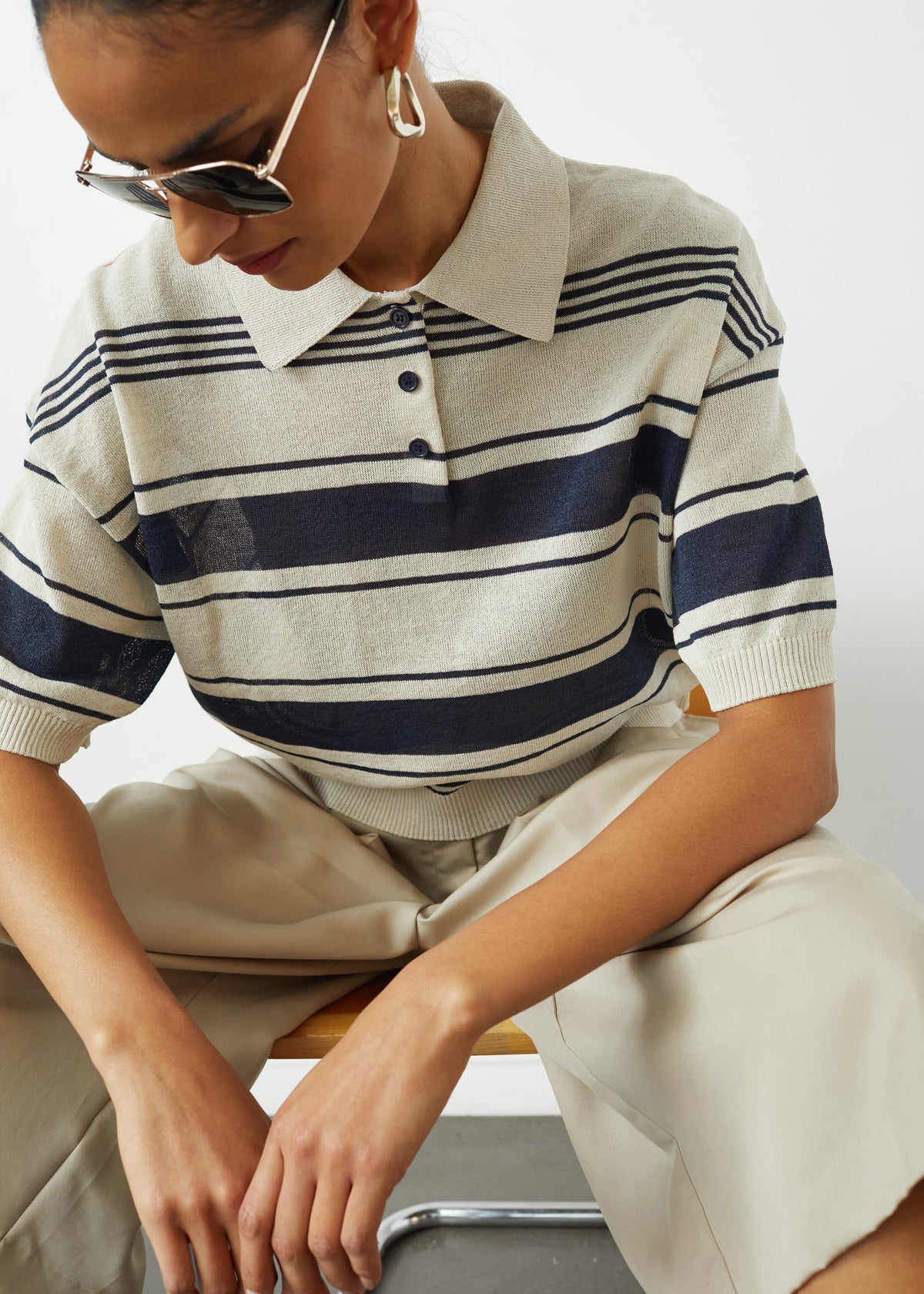 Bolea Knit Polo Top - Beige/Navy Stripe - 6