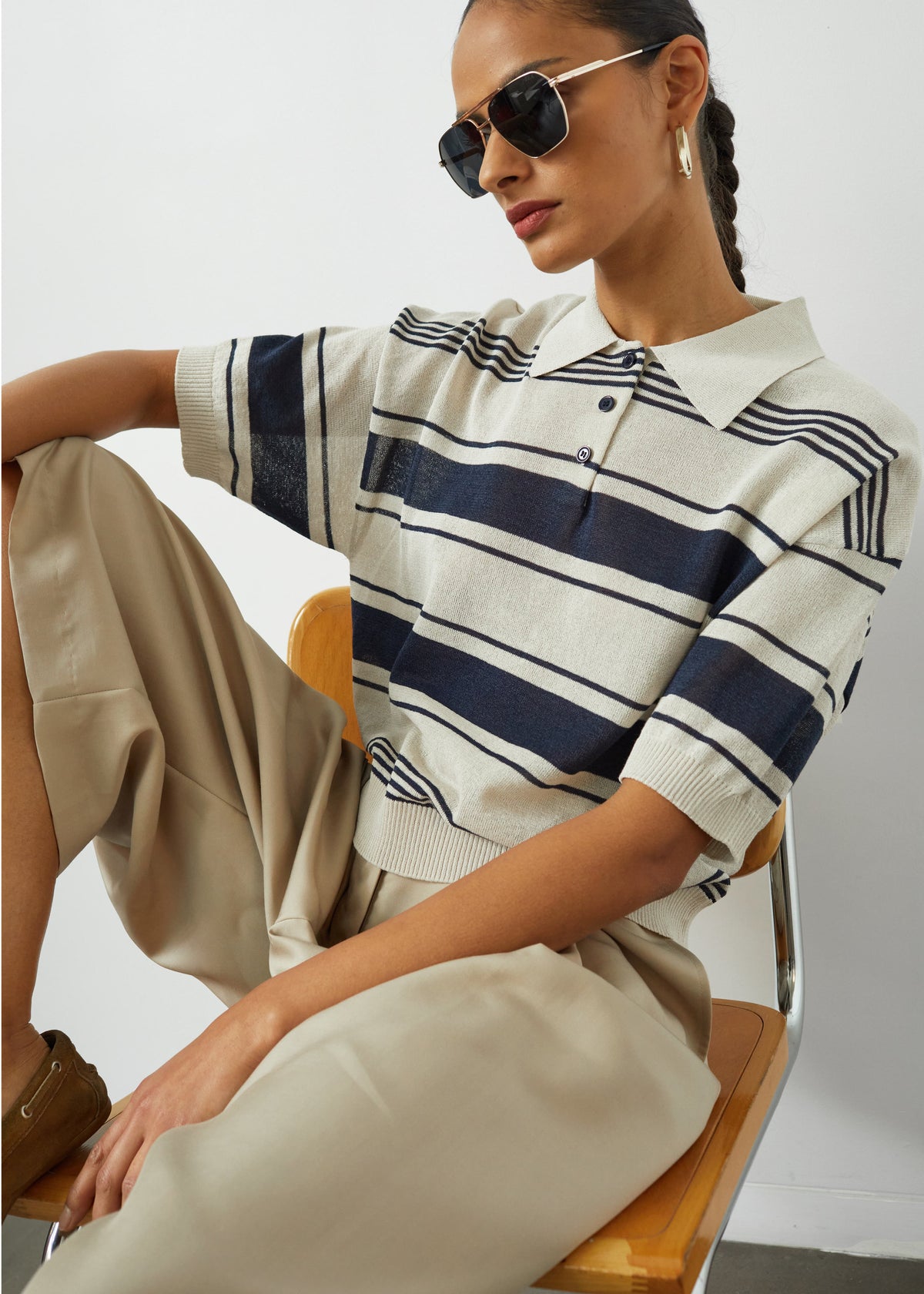 Bolea Knit Polo Top - Beige/Navy Stripe - 1