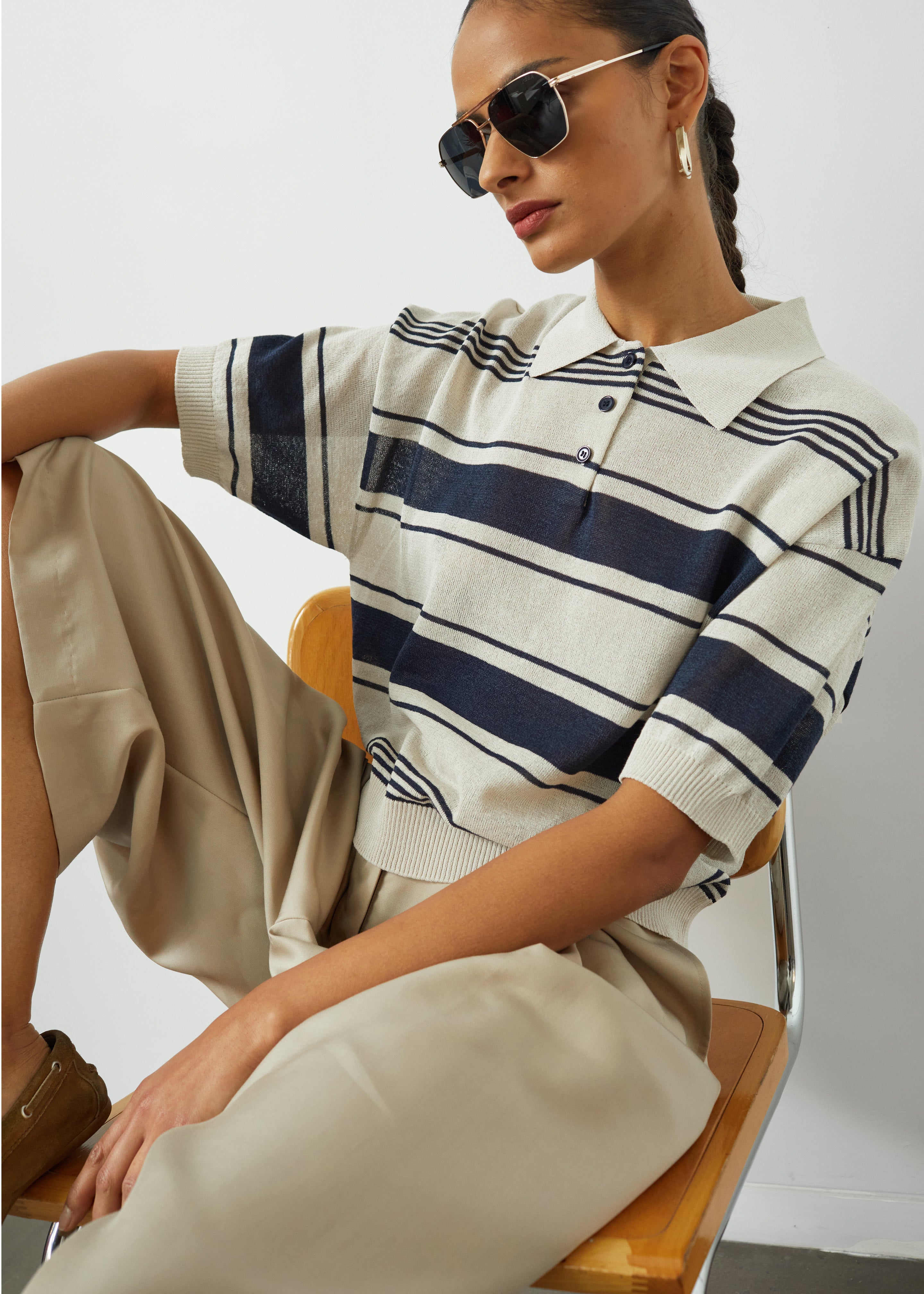 Bolea Knit Polo Top - Beige/Navy Stripe - 1