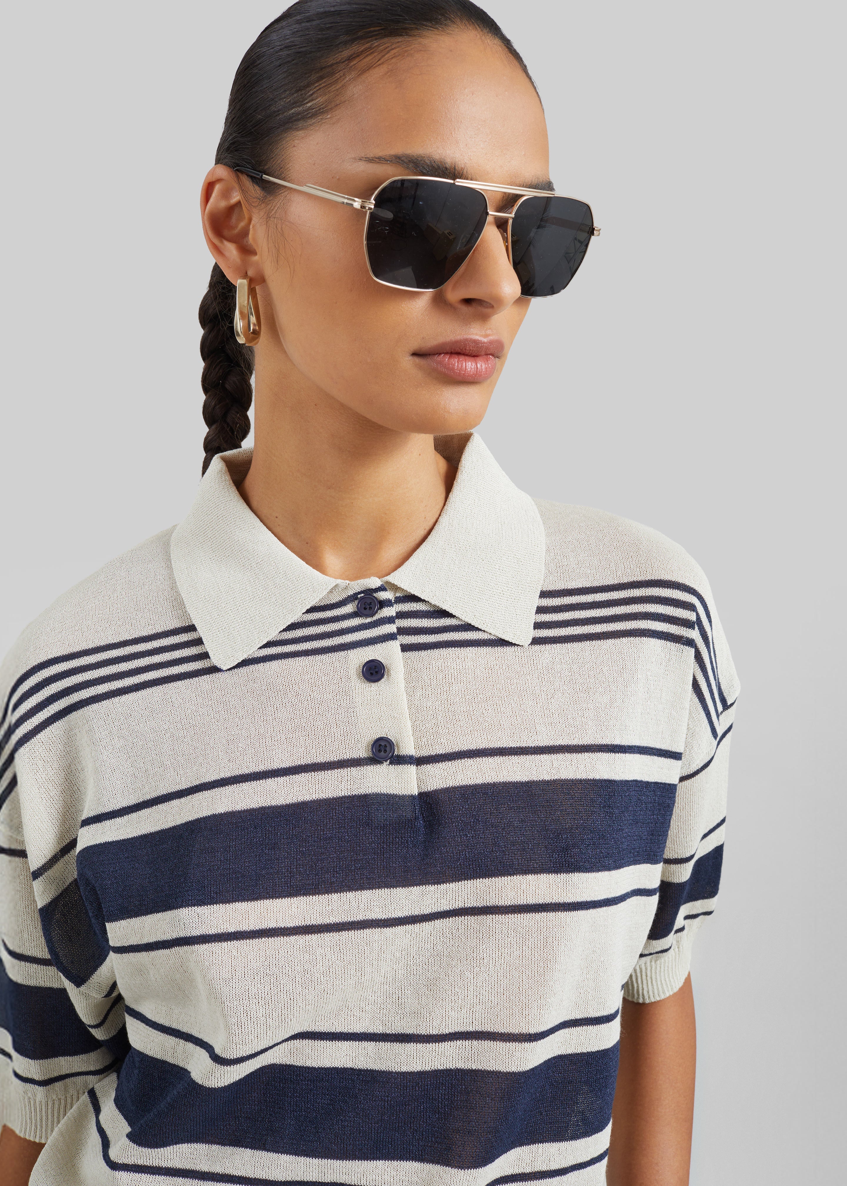 Bolea Knit Polo Top - Beige/Navy Stripe - 3