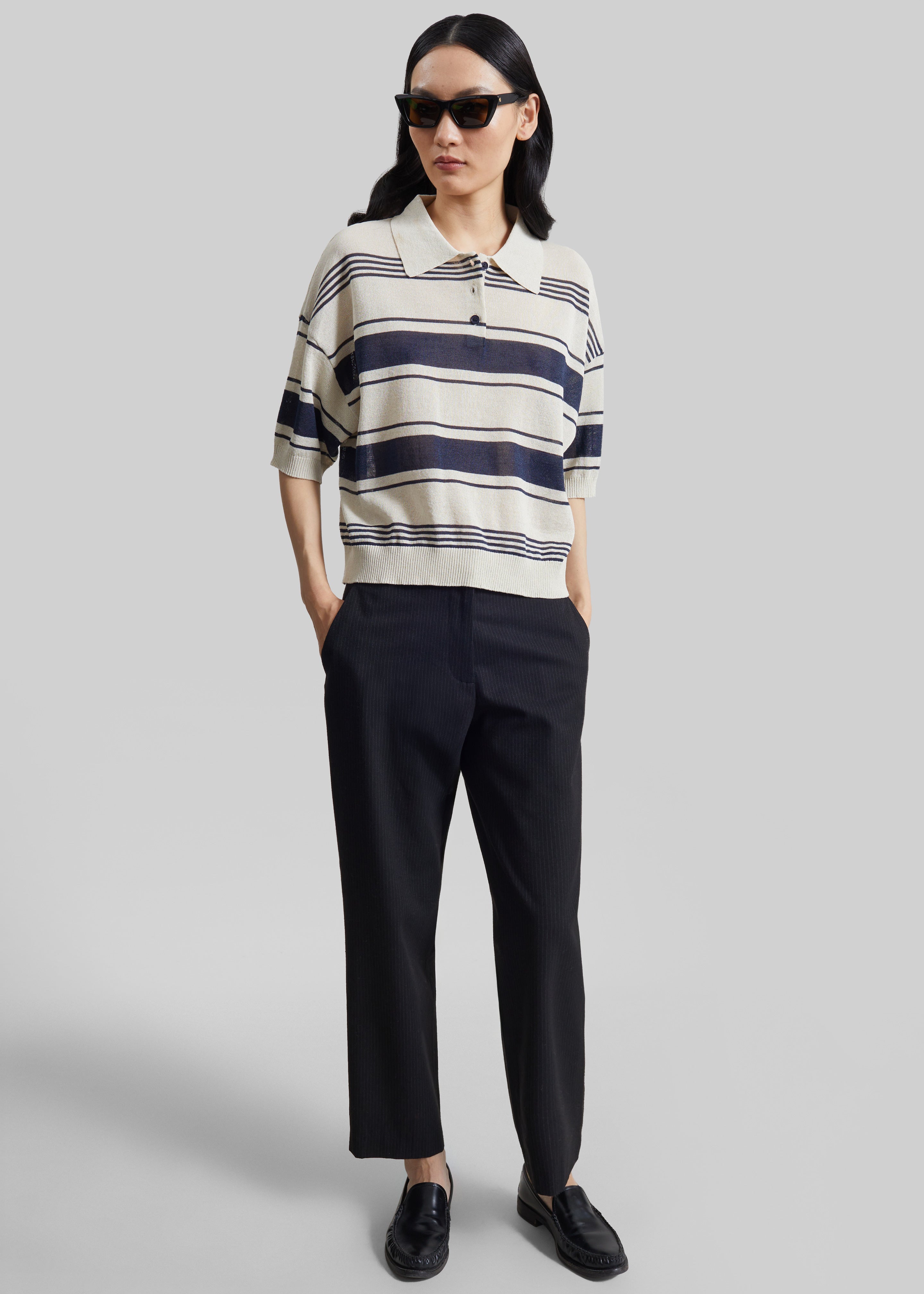 Bolea Knit Polo Top - Beige/Navy Stripe - 8