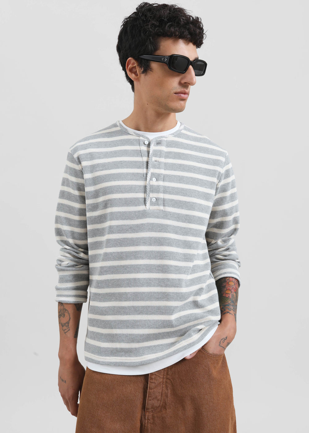 Bourke Soft Cotton Henley T-Shirt - Grey/White Stripe - 1