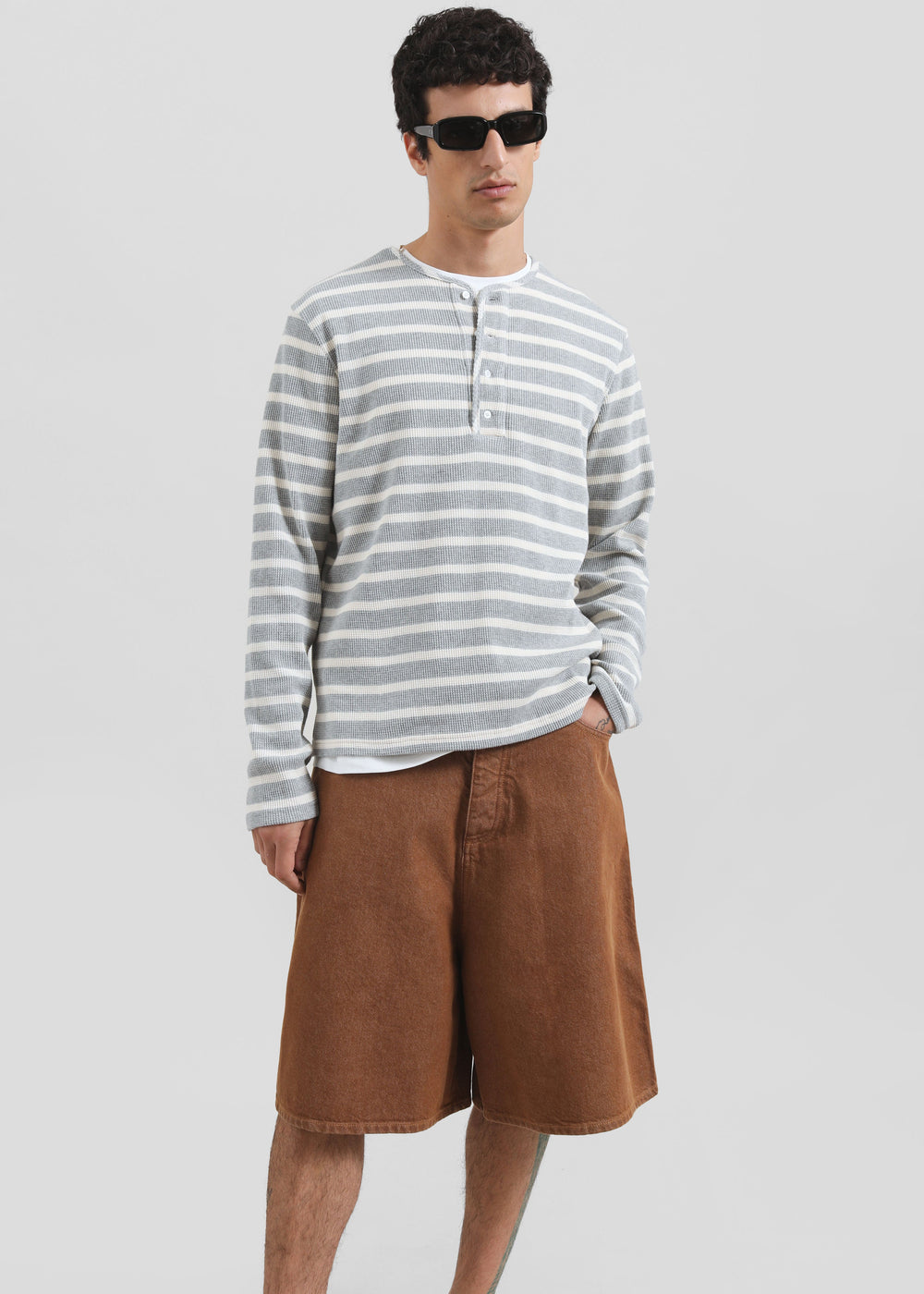 Bourke Soft Cotton Henley T-Shirt - Grey/White Stripe