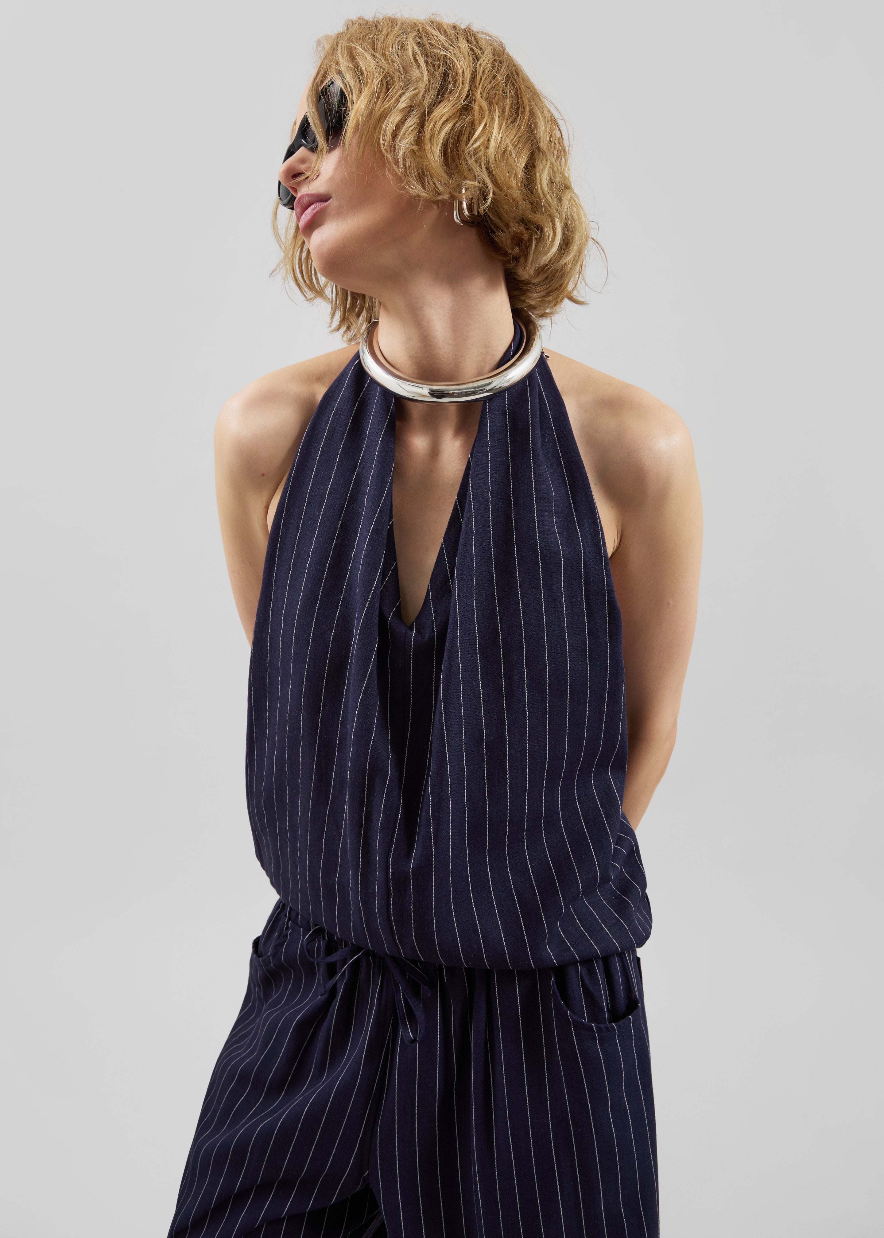 Branton Drawstring Halter Top - Navy/White Pinstripe - 1