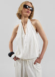 Branton Drawstring Halter Top - White/Black Pinstripe