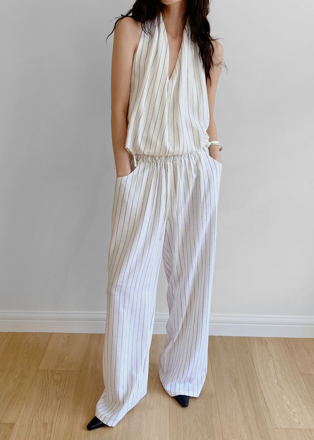 Branton Drawstring Halter Top - White/Black Pinstripe - 1