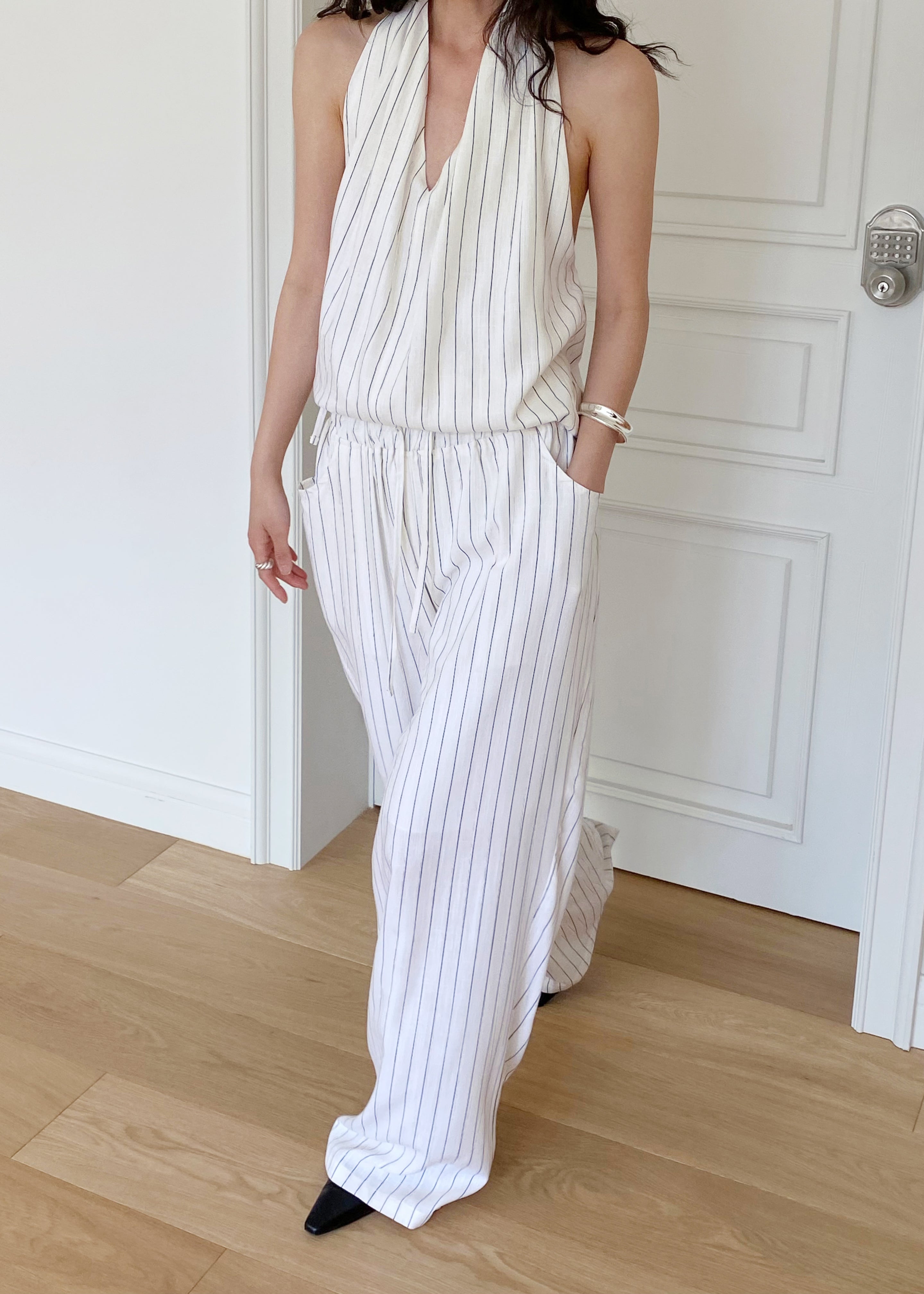 Branton Drawstring Halter Top - White/Black Pinstripe - 5