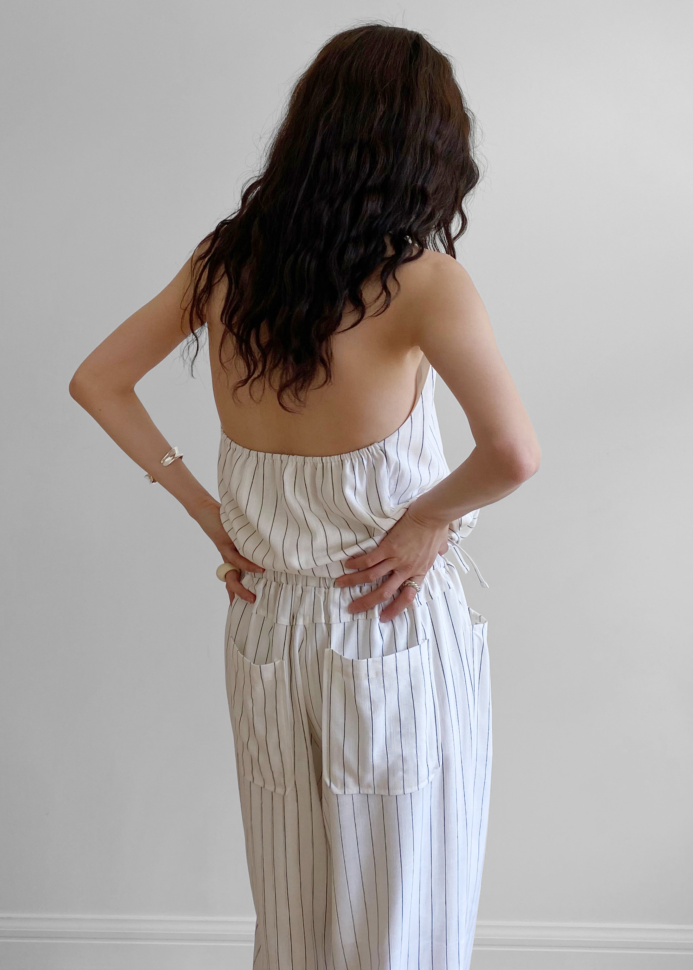 Branton Drawstring Halter Top - White/Black Pinstripe - 6