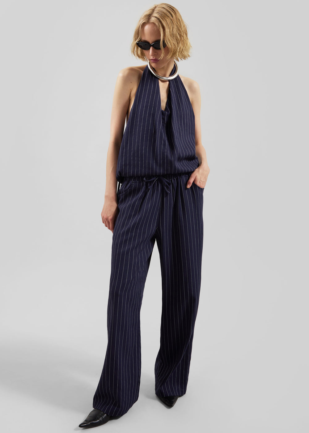 Branton Drawstring Pants - Navy/White Pinstripe