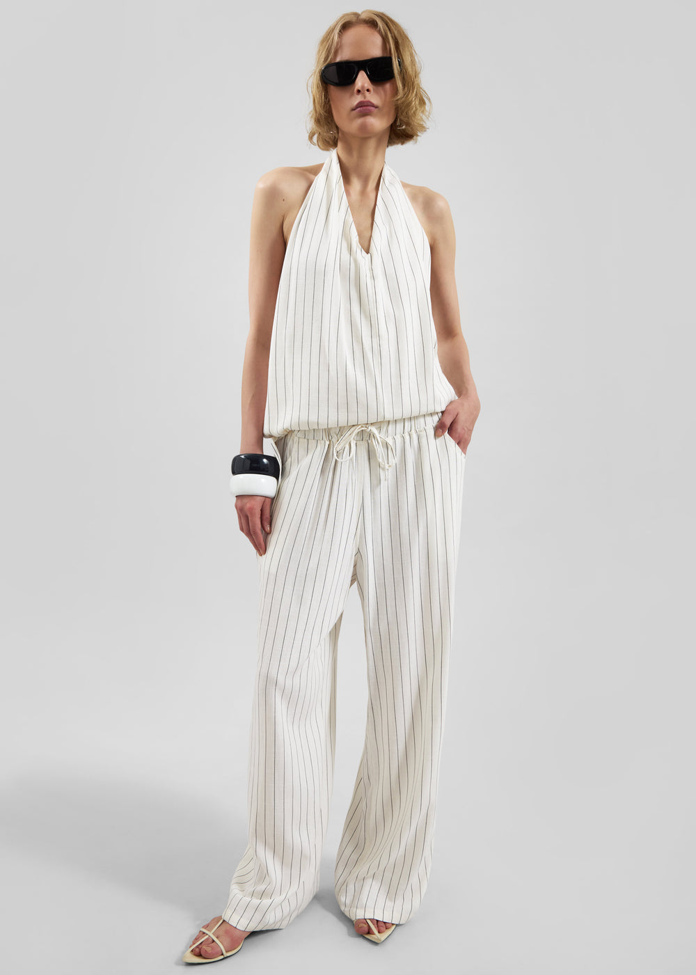 Branton Drawstring Pants - White/Black Pinstripe