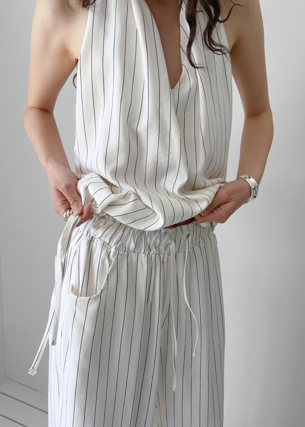 Branton Drawstring Pants - White/Black Pinstripe - 1