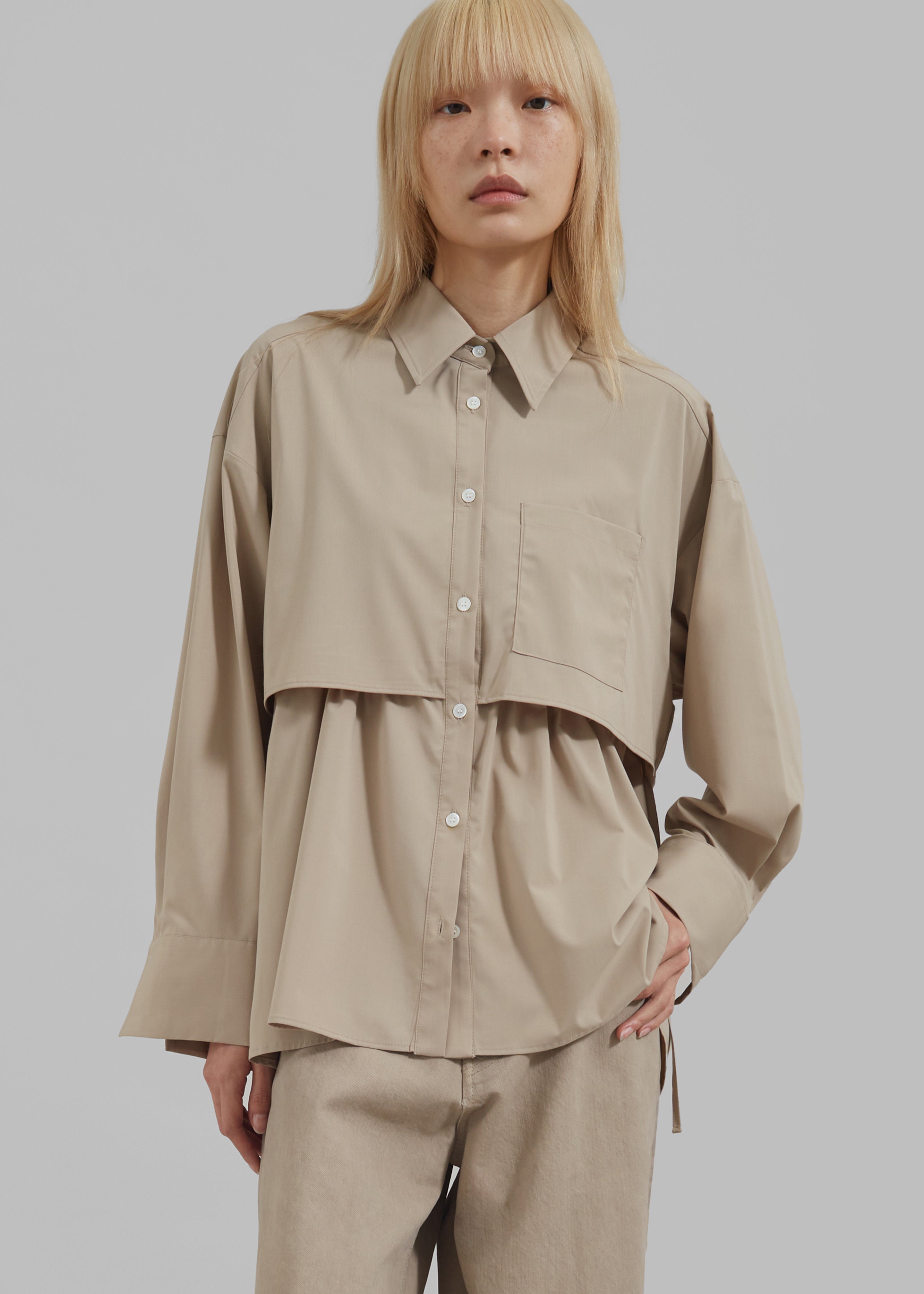 Bria Layered Button Up Shirt - Beige - 4