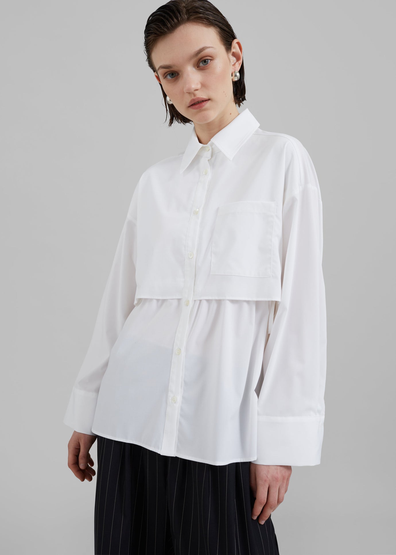Bria Layered Button Up Shirt - White - 1