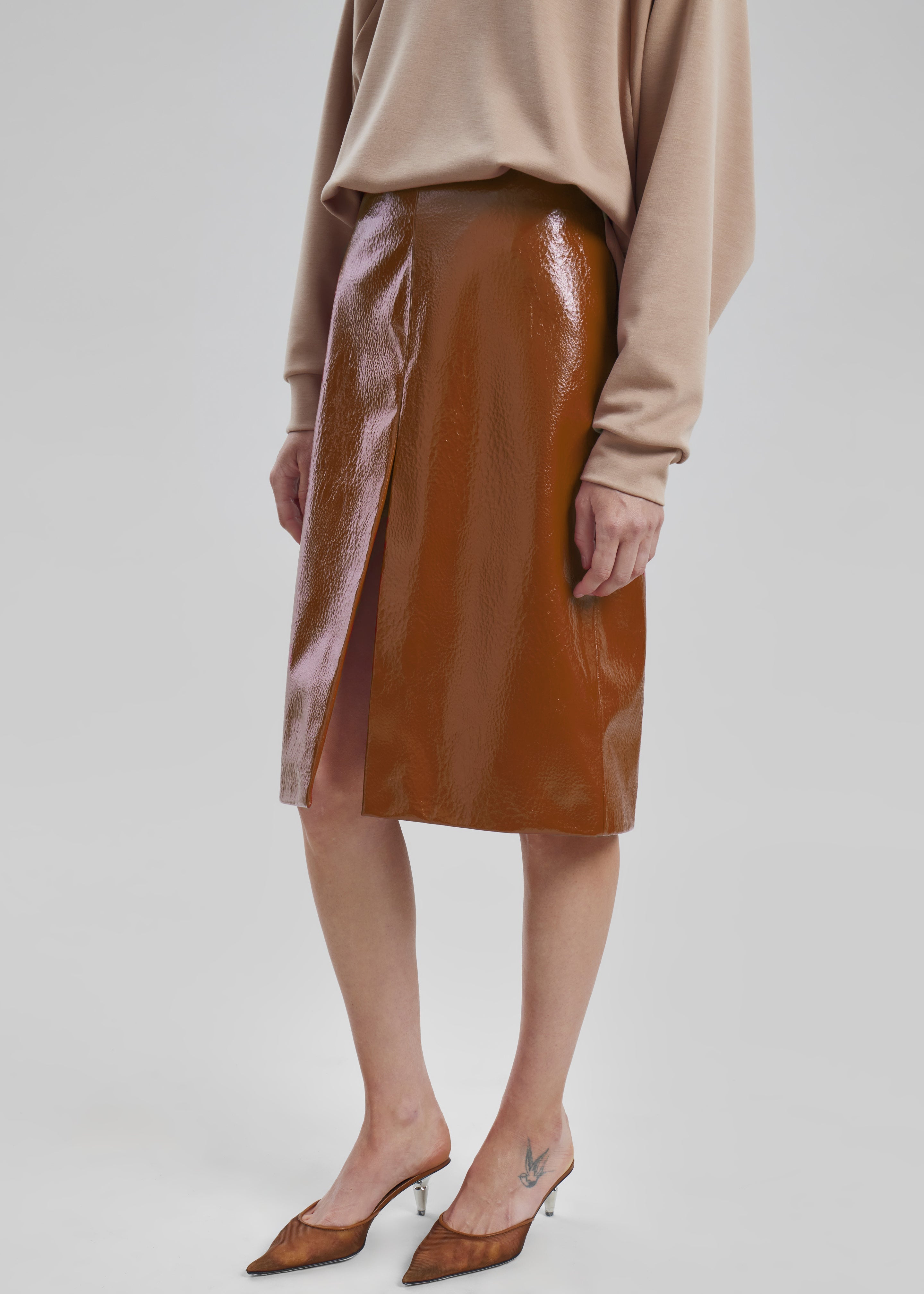 Britt Crackled Faux Leather Midi Skirt - Camel - 4