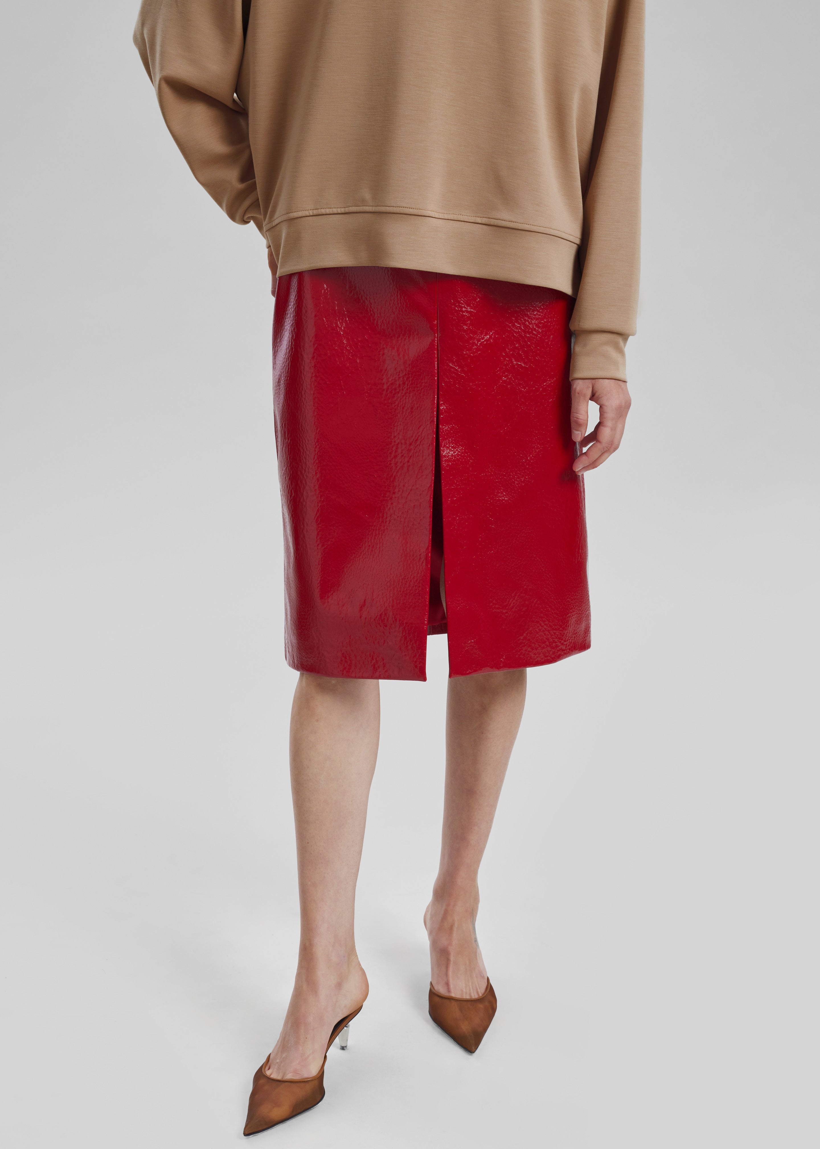 Britt Crackled Faux Leather Midi Skirt - Red - 4