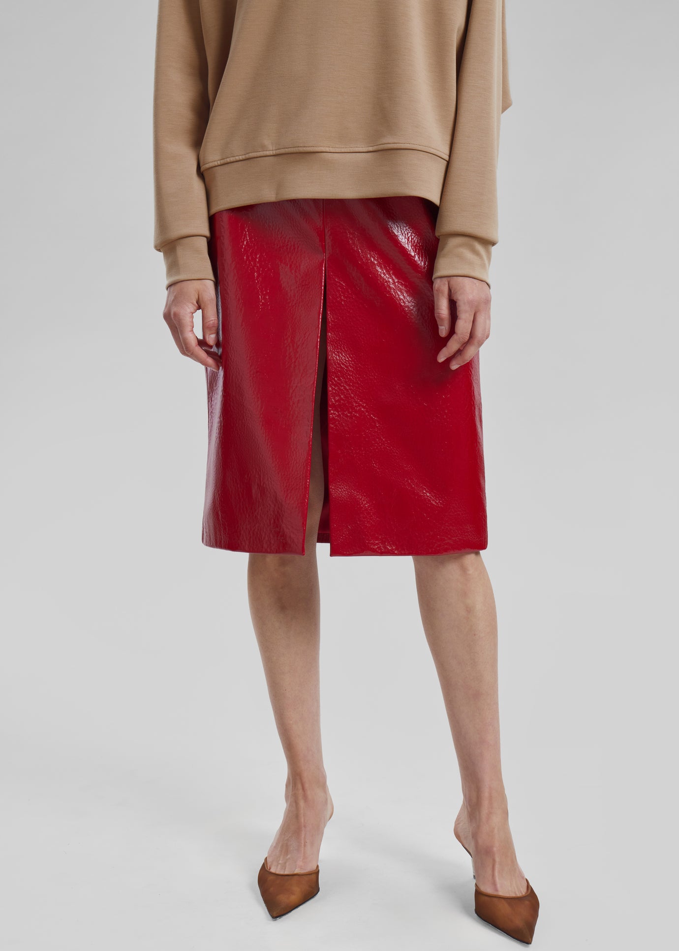 Britt Crackled Faux Leather Midi Skirt - Red - 1