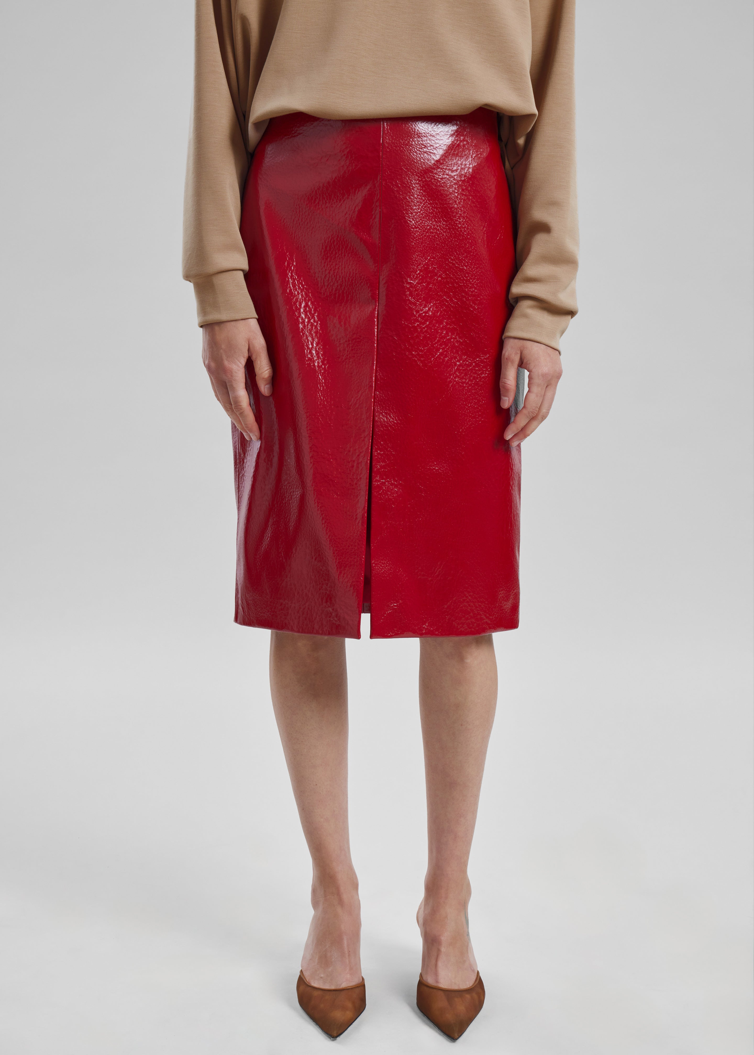 Faux leather 2024 midi skirt red