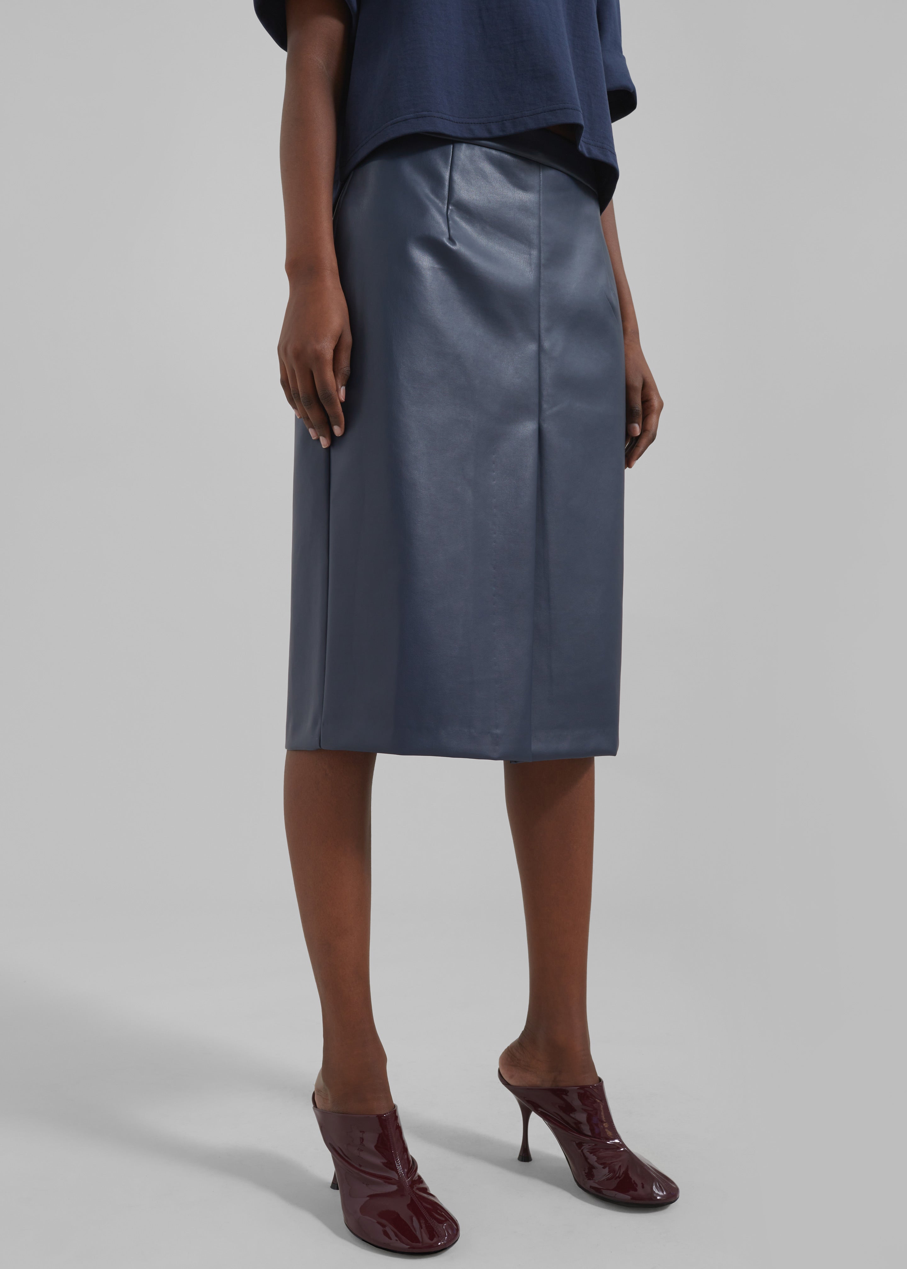 Brooklyn Faux Leather Midi Skirt Navy