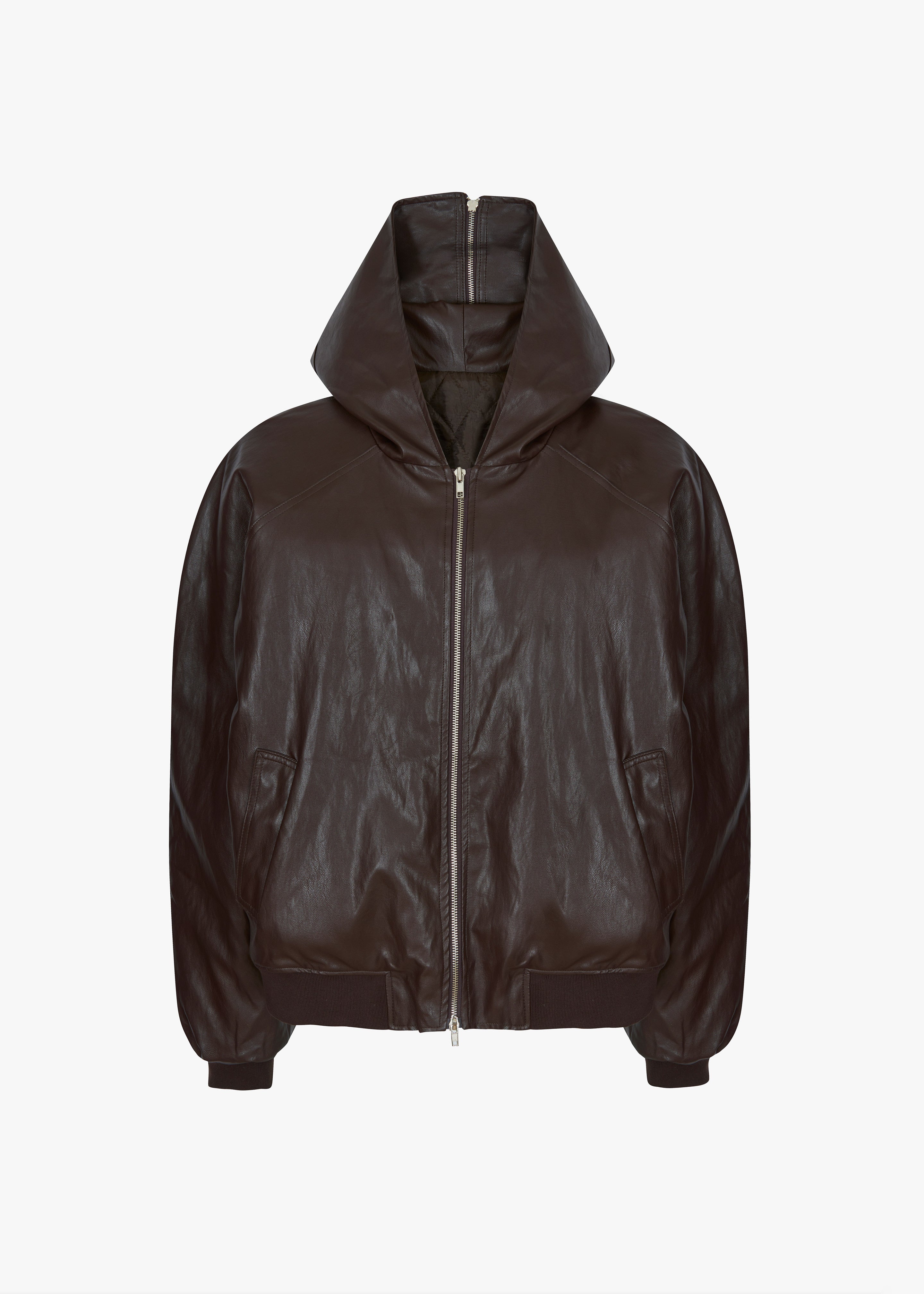 Burnaby Faux Leather Zip-Up Hoodie - Brown - 10