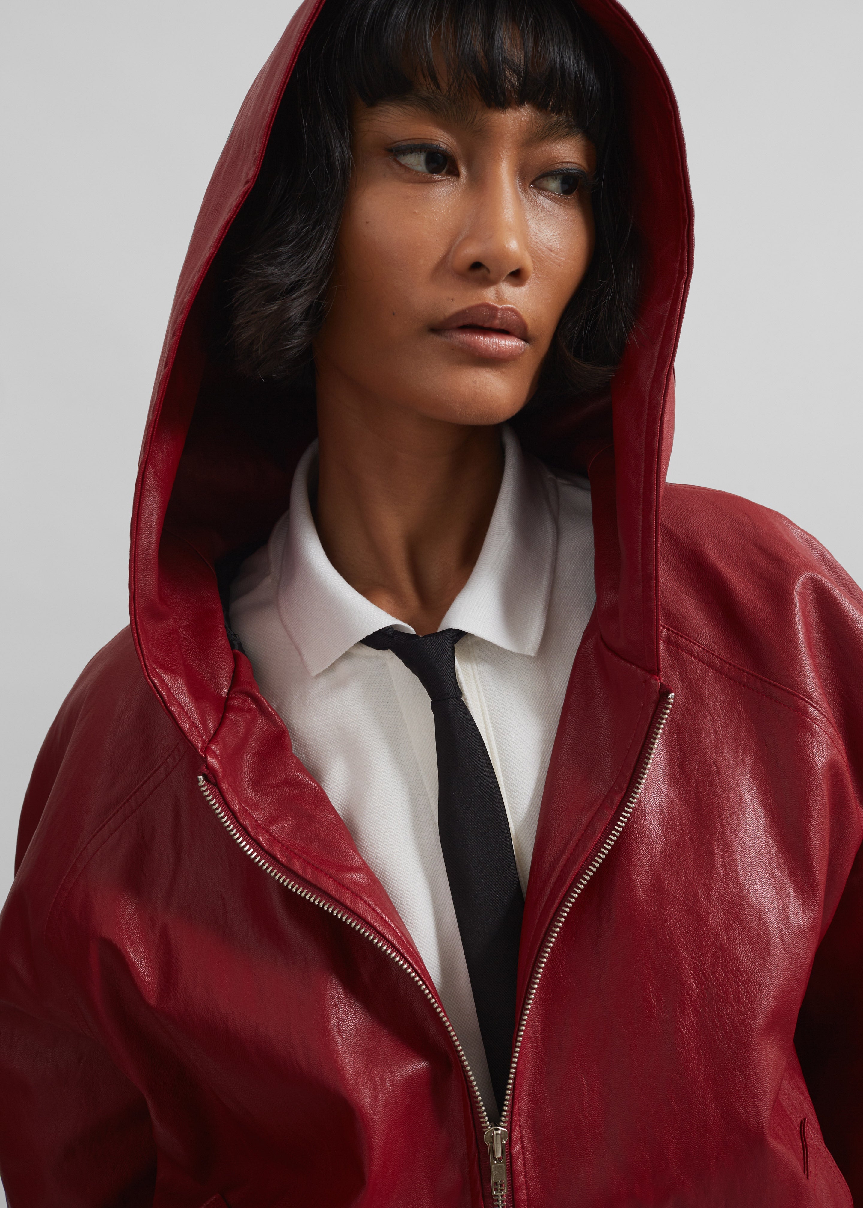 Burnaby Faux Leather Zip-Up Hoodie - Red - 6