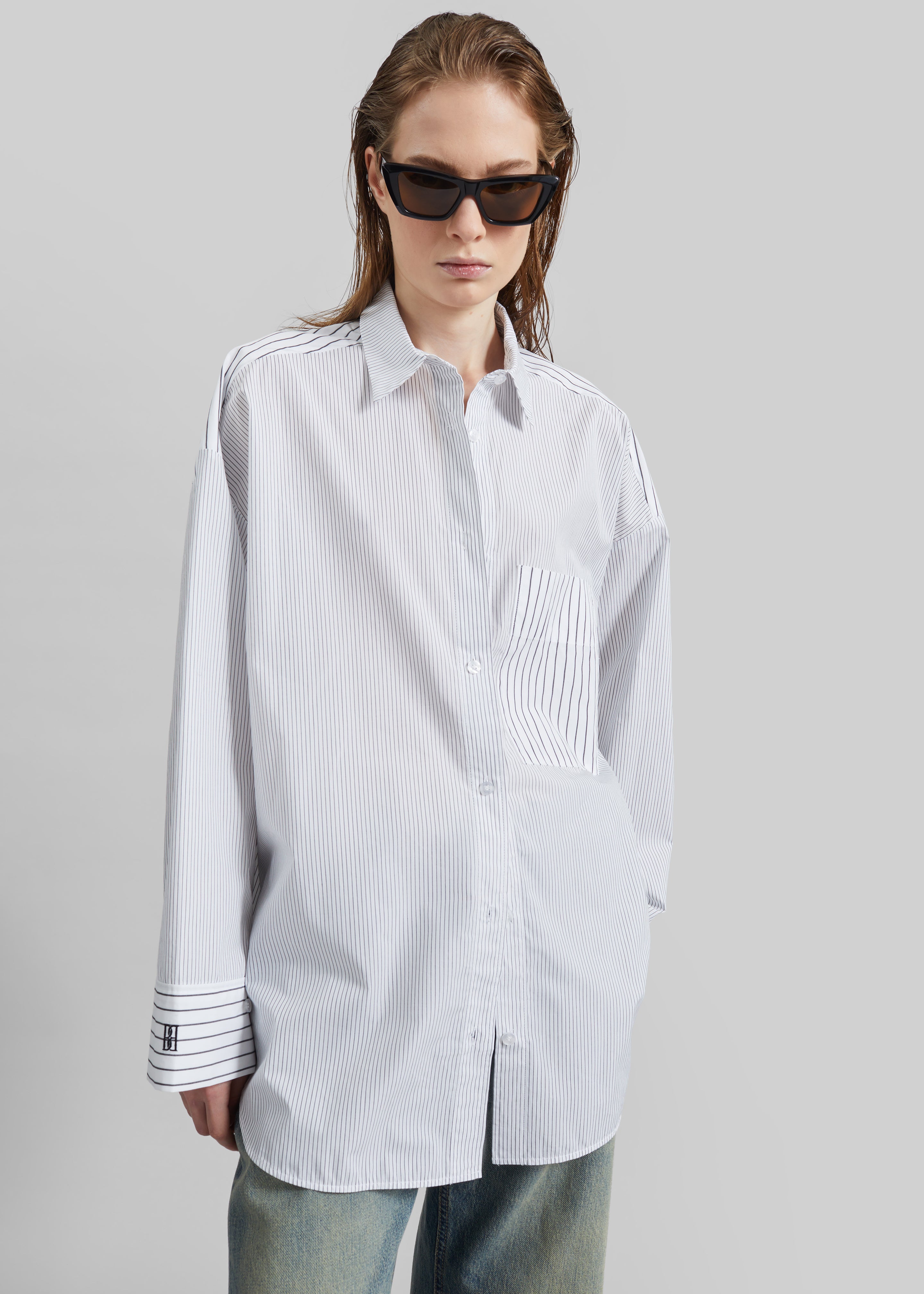By Malene Birger Derris Shirt - White/Black Mix Stripe - 1
