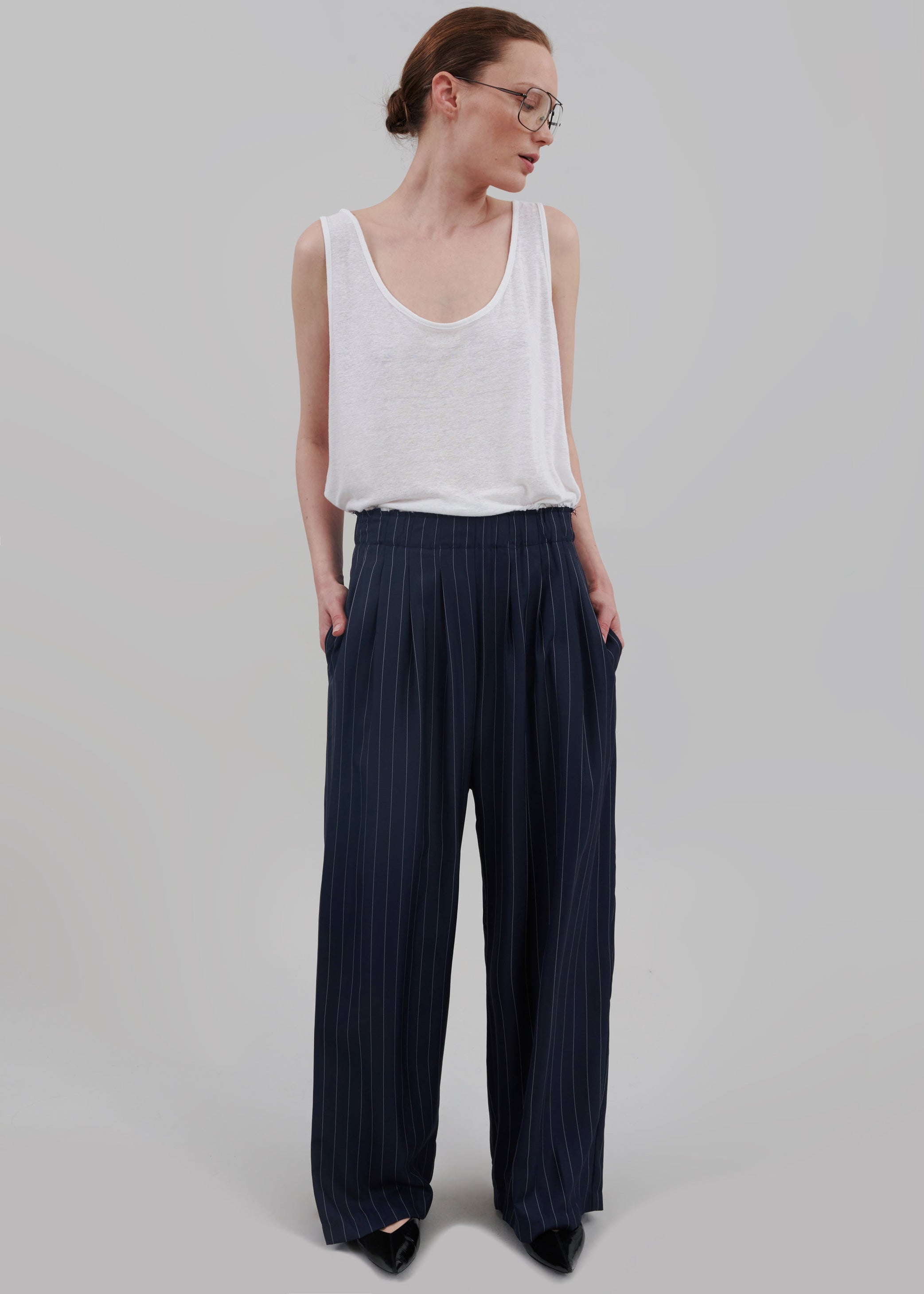 Shop the look image for Caden Boxer Trousers - Navy/White Pinstripe