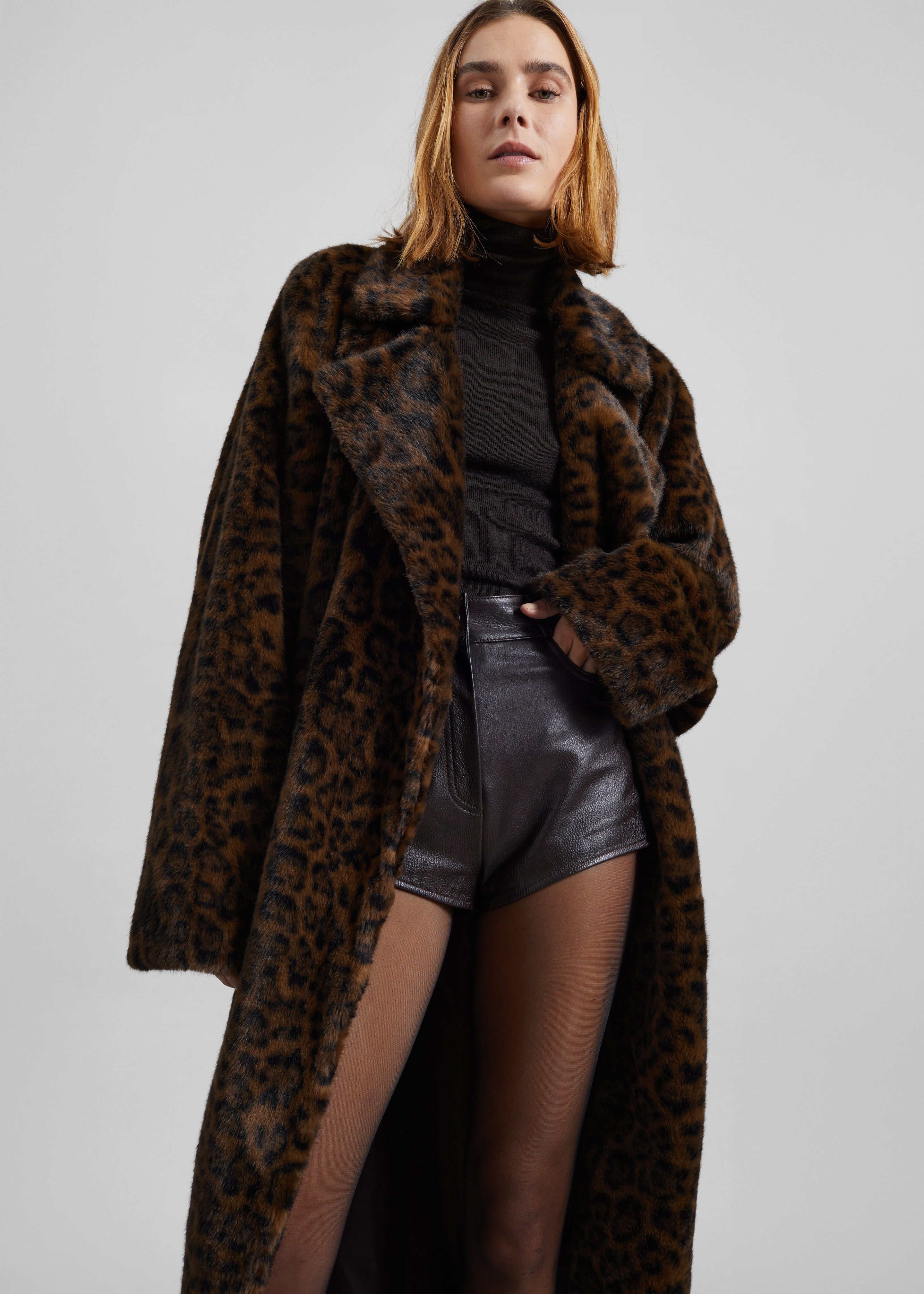 Cadence Faux Fur Long Coat - Leopard Brown - 3