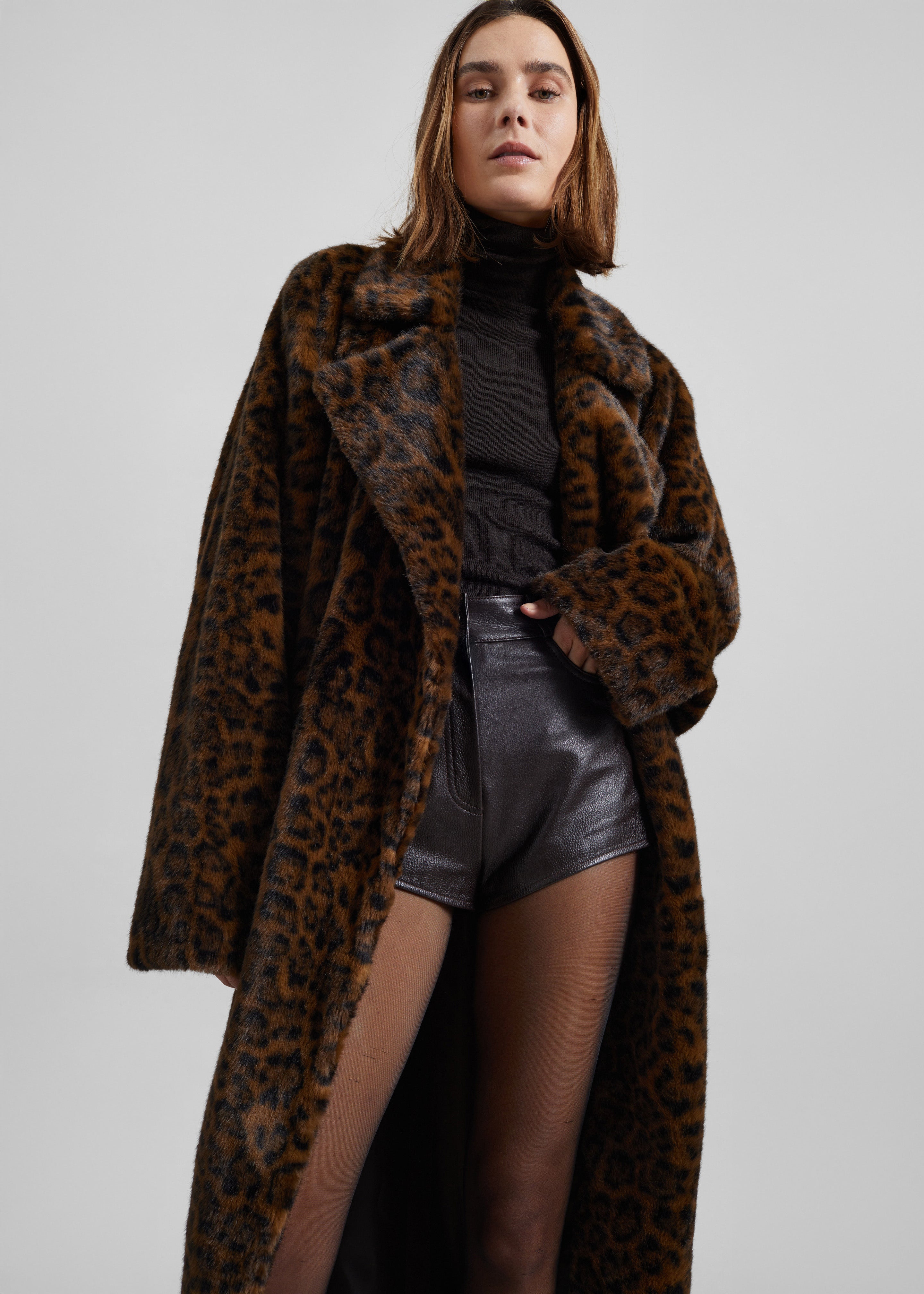 Cadence Faux Fur Long Coat - Leopard Brown - 2