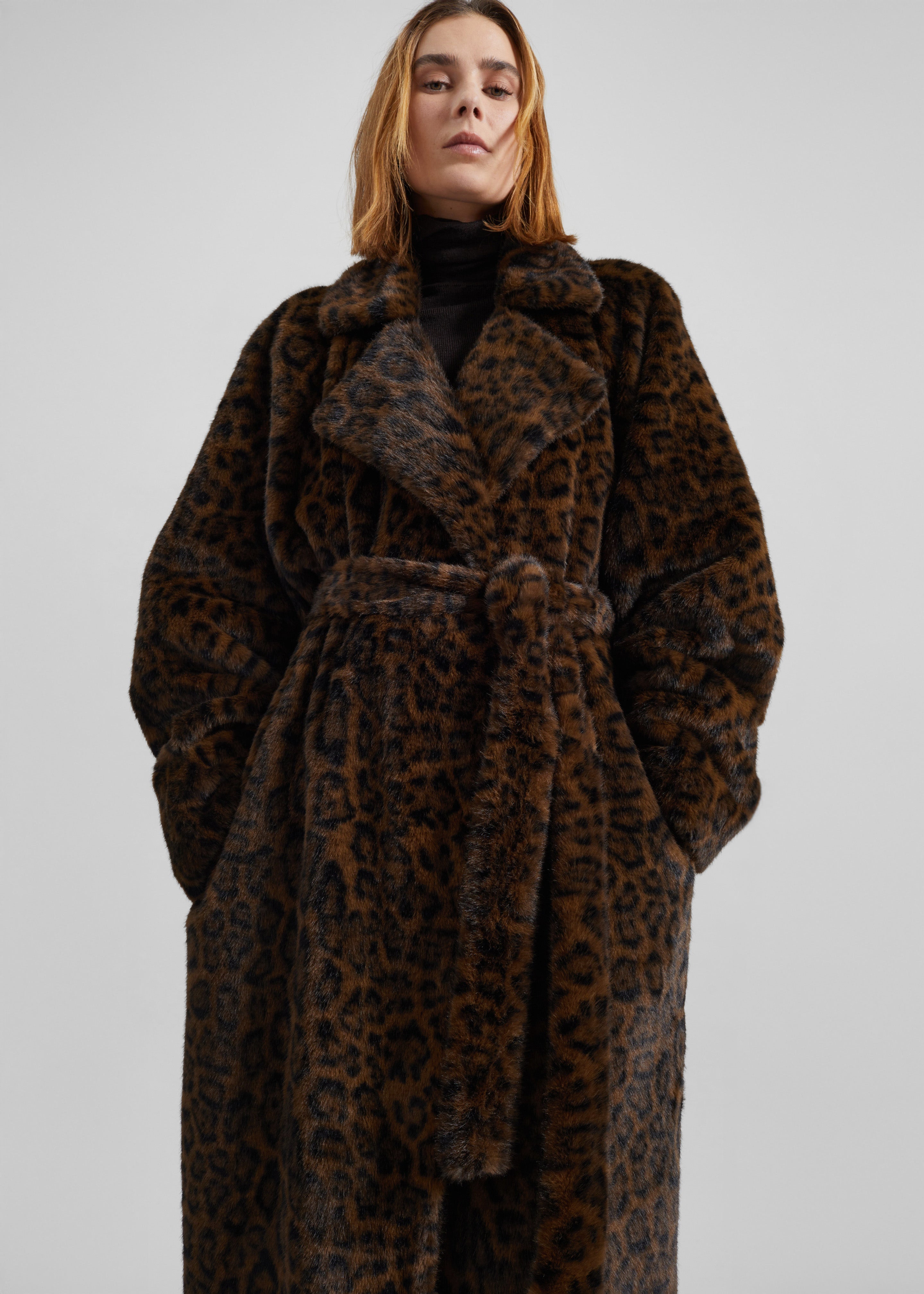 Cadence Faux Fur Long Coat - Leopard Brown - 5
