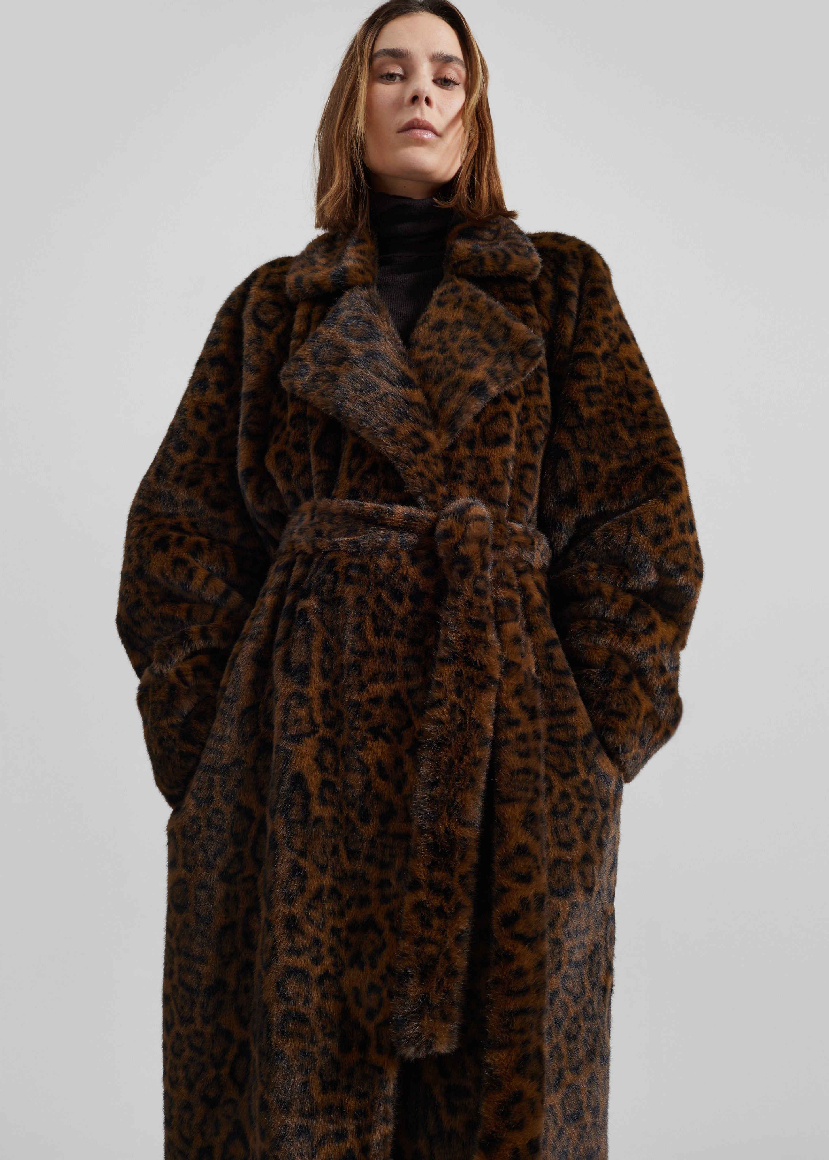 Cadence Faux Fur Long Coat - Leopard Brown - 4