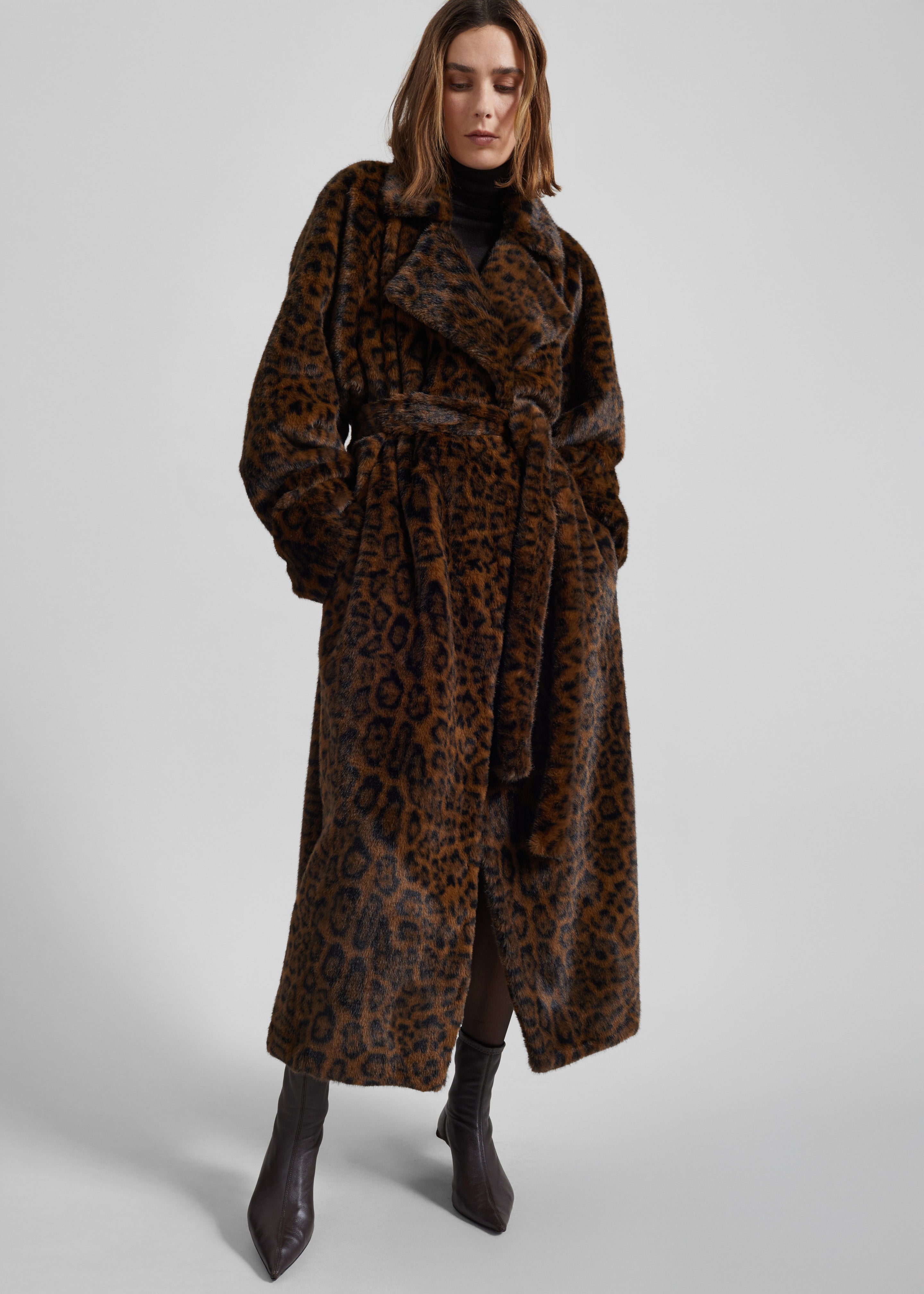 Cadence Faux Fur Long Coat - Leopard Brown - 1