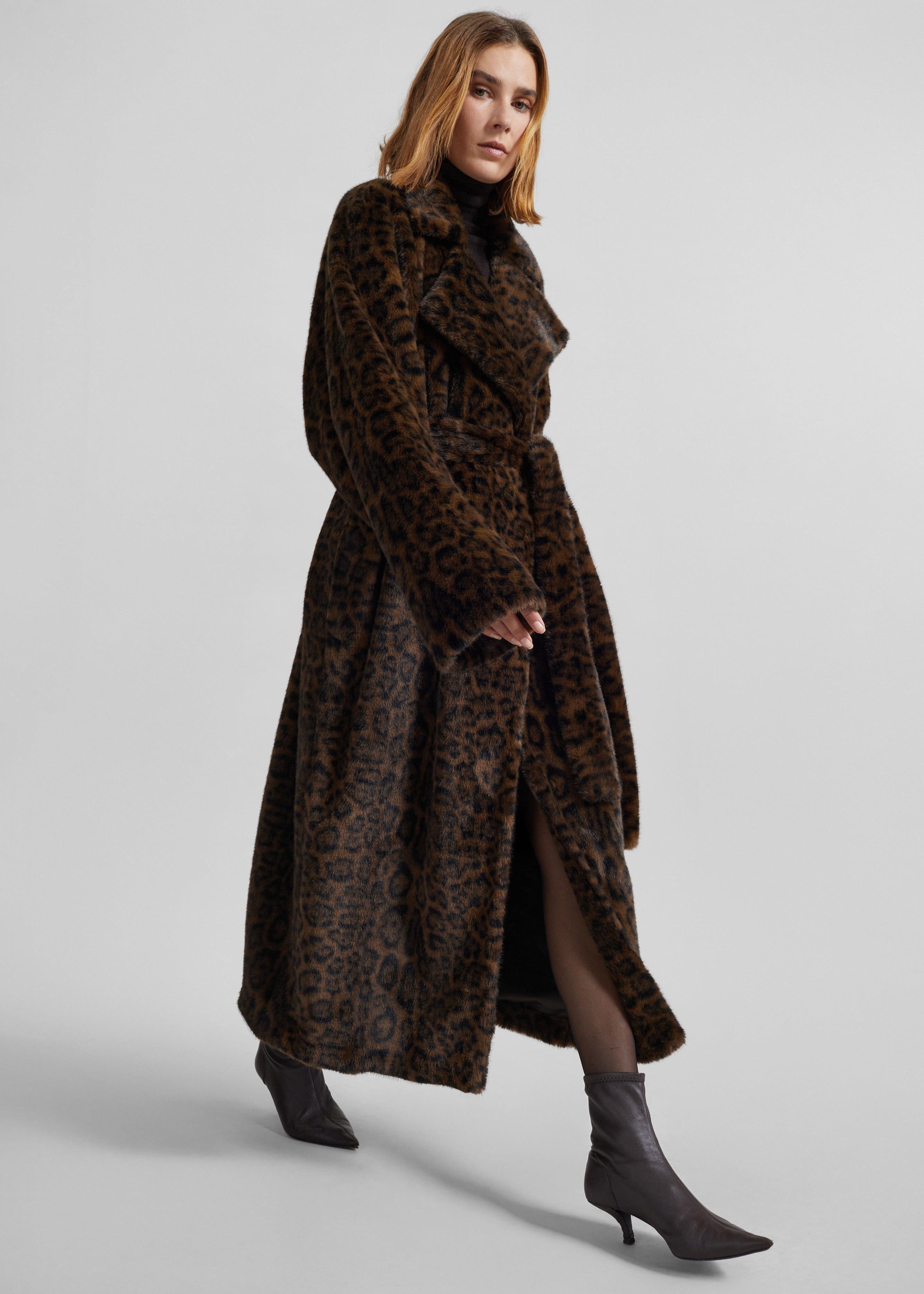 Cadence Faux Fur Long Coat - Leopard Brown - 6