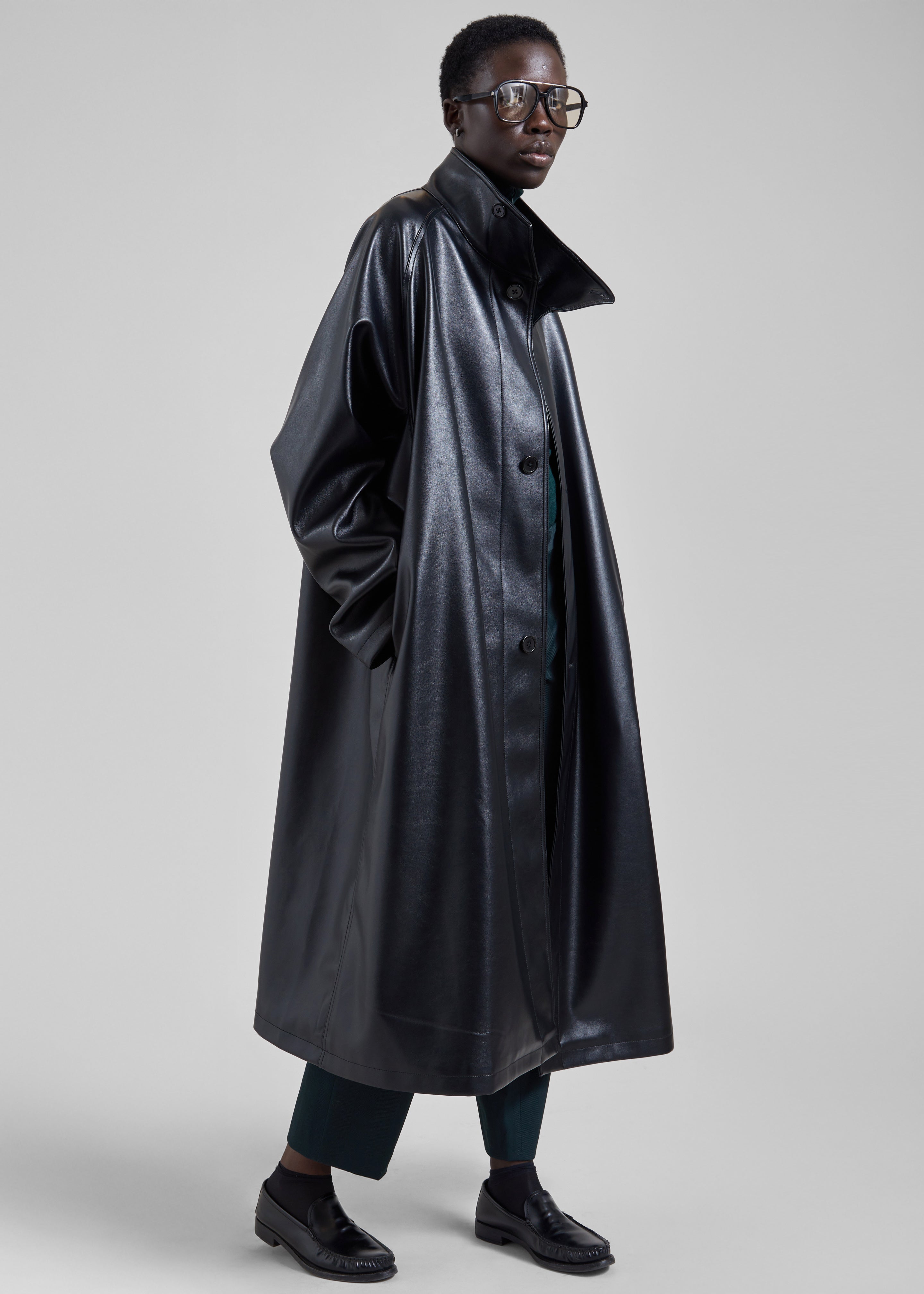 Calen Faux Leather Trench Coat - Black - 1
