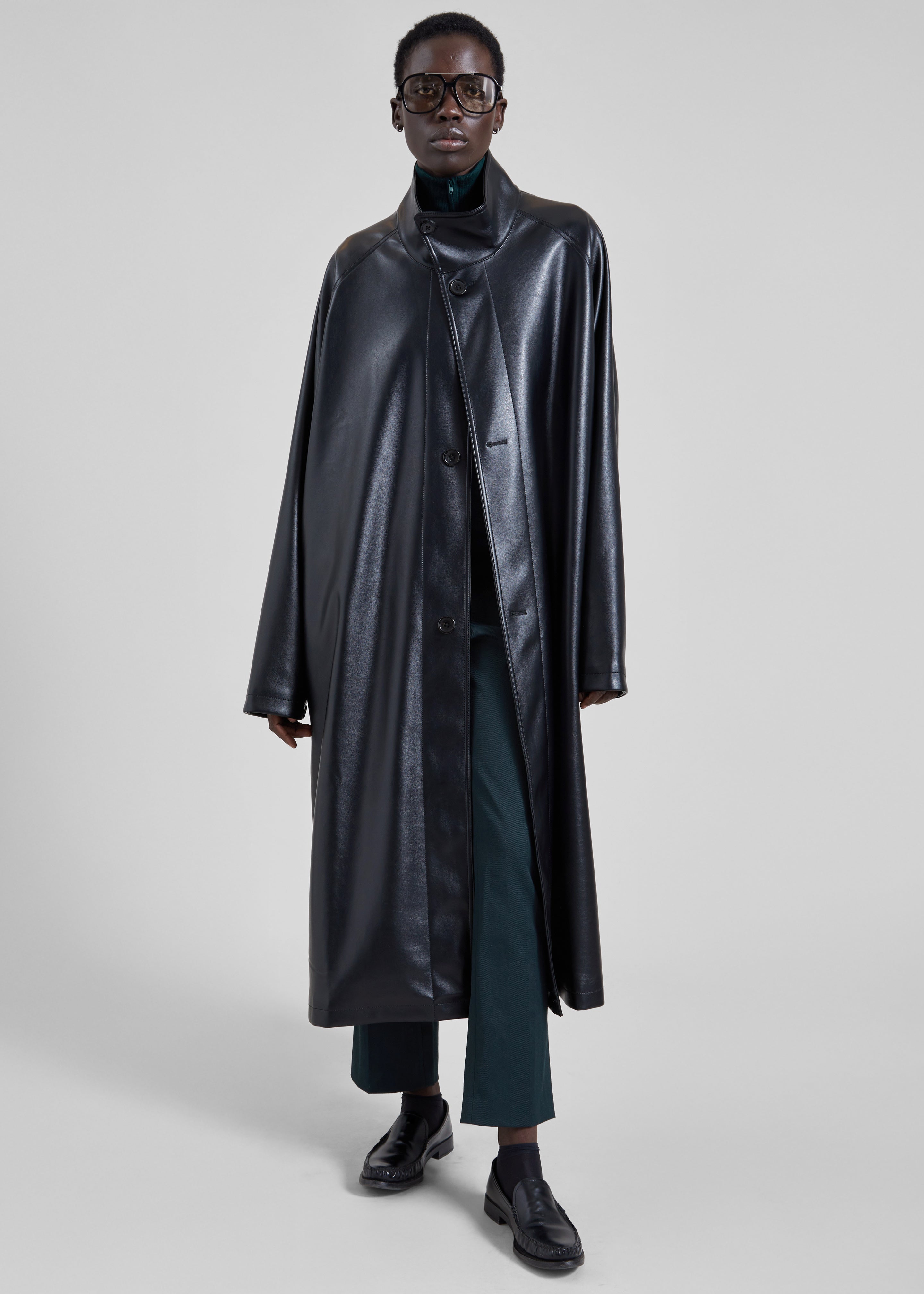 Calen Faux Leather Trench Coat - Black - 4