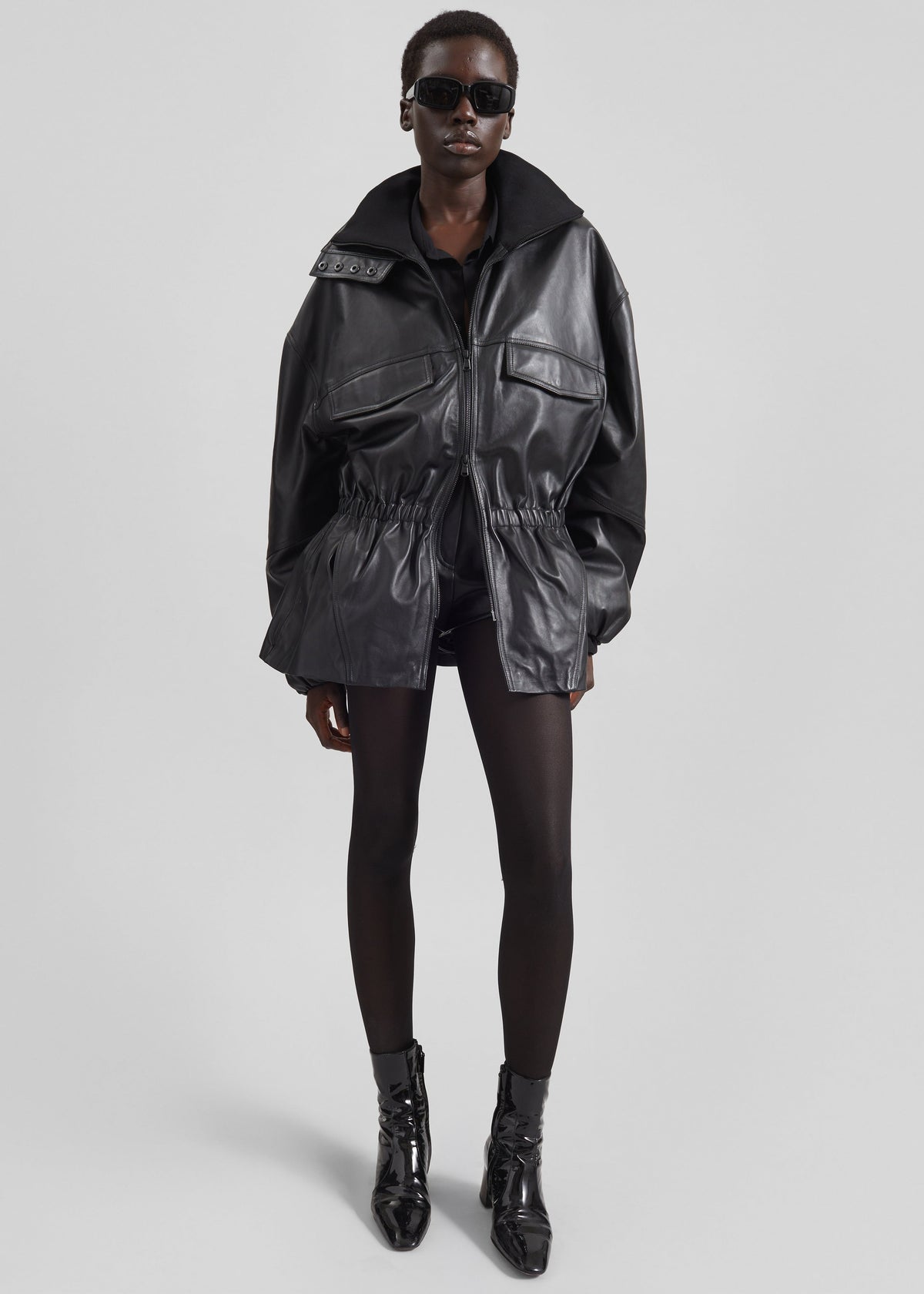 Carnaby Funnel Neck Leather Jacket - Black - 1