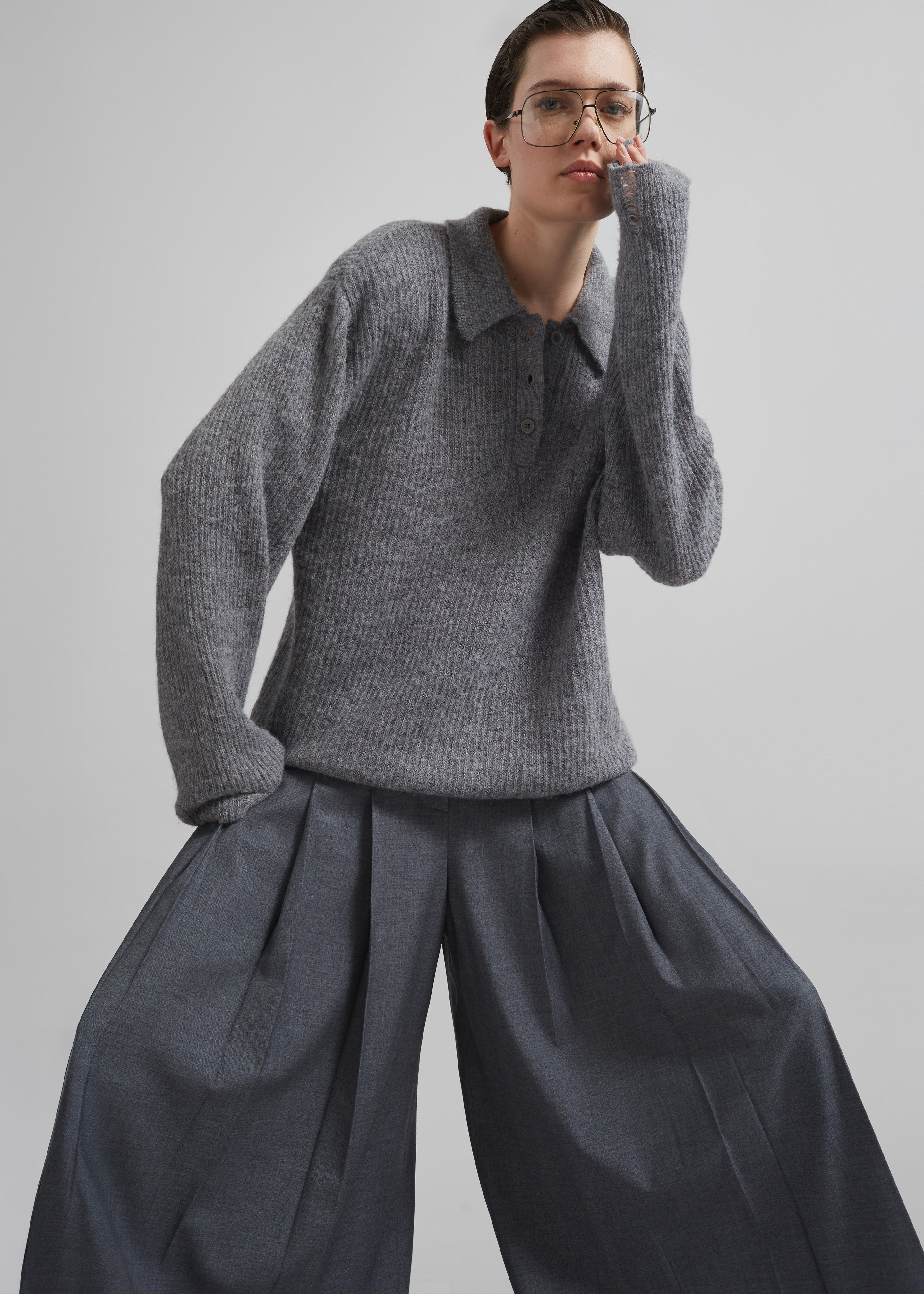Carrick Pleated Wide Trousers - Dark Grey Melange - 8