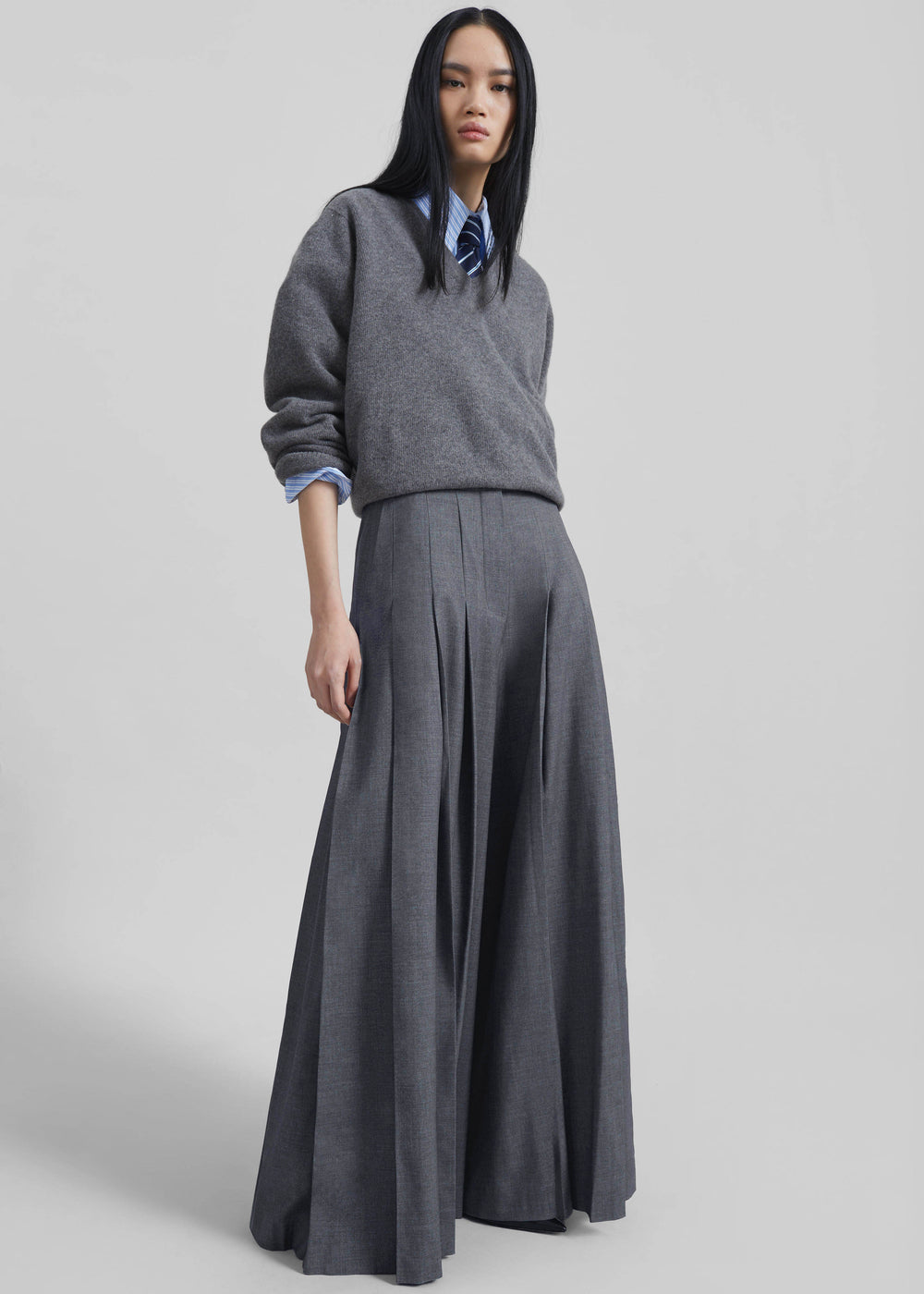 Carrick Pleated Wide Trousers - Dark Grey Melange