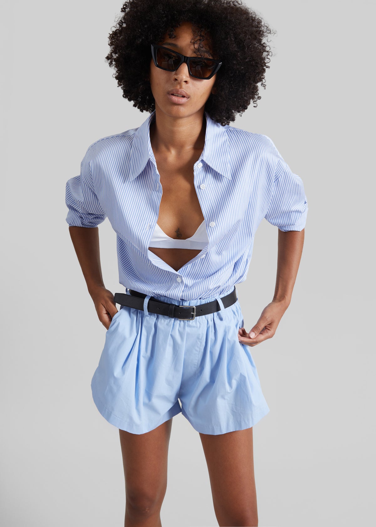 Castalia Cotton Gathered Shorts - Sky Blue - 4