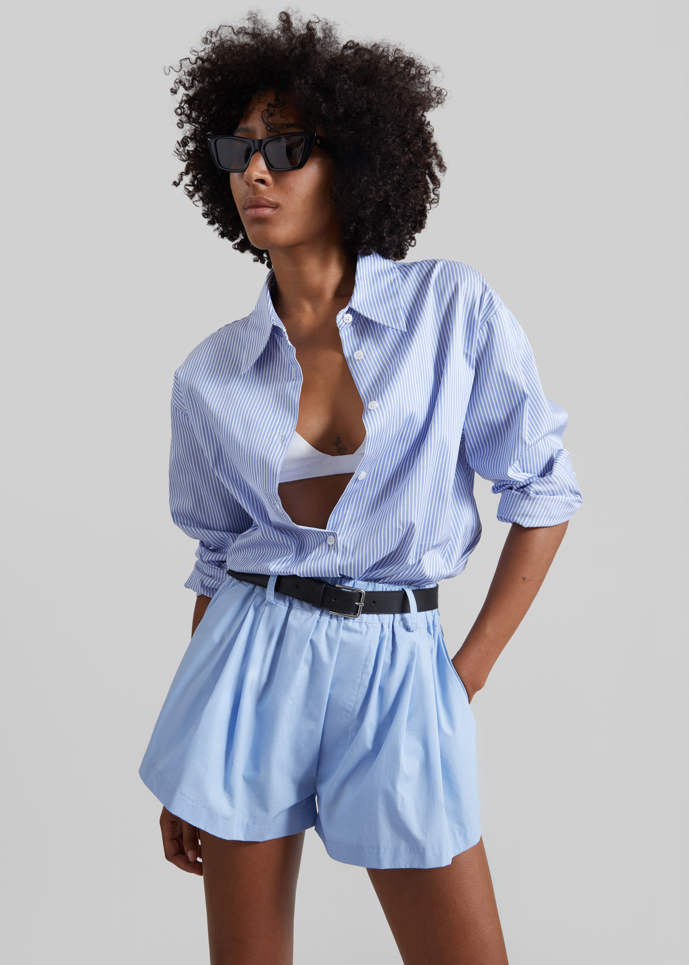 Castalia Cotton Gathered Shorts - Sky Blue - 5