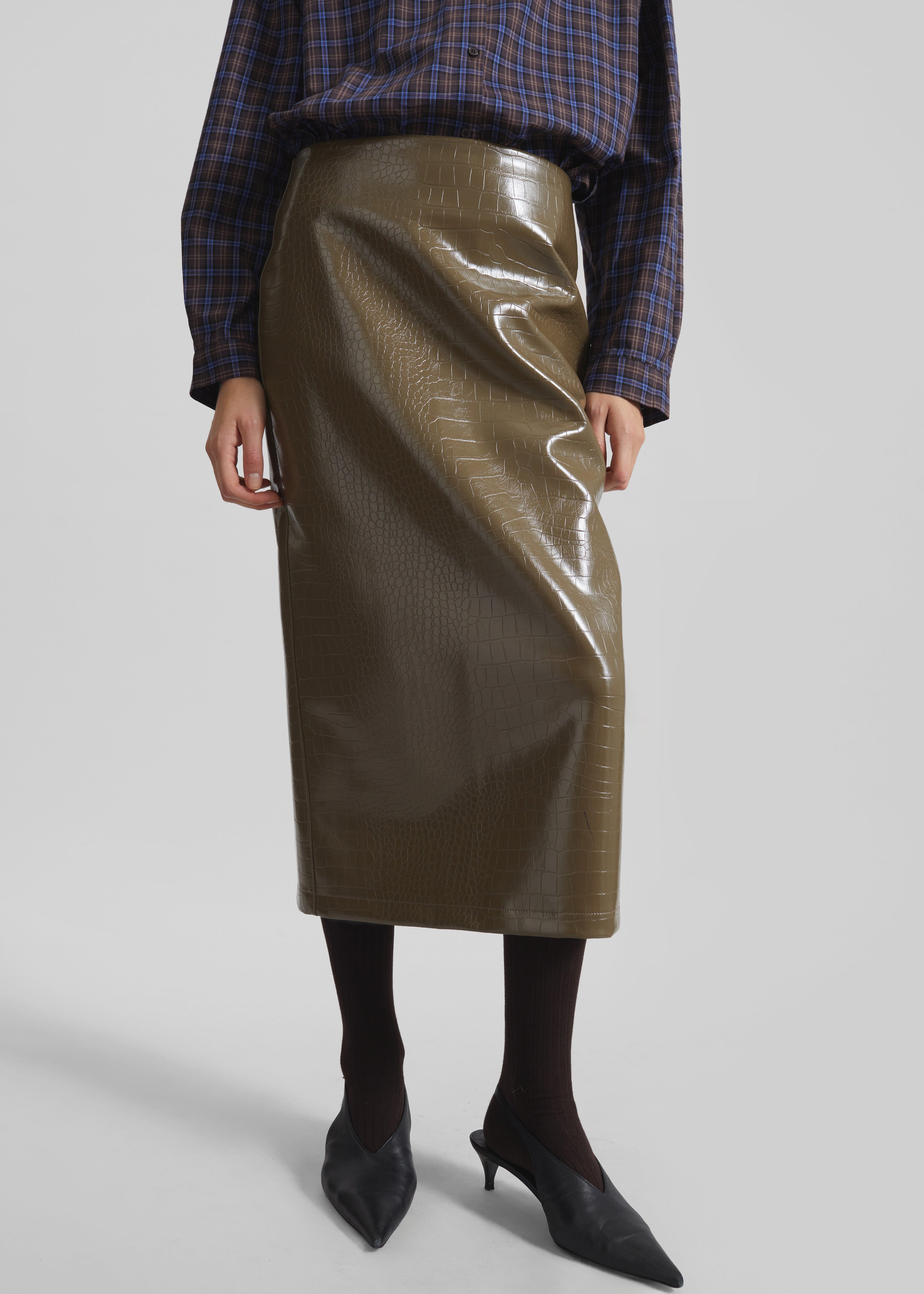 Charleroi Faux Leather Croc Midi Skirt - Olive Brown - 3