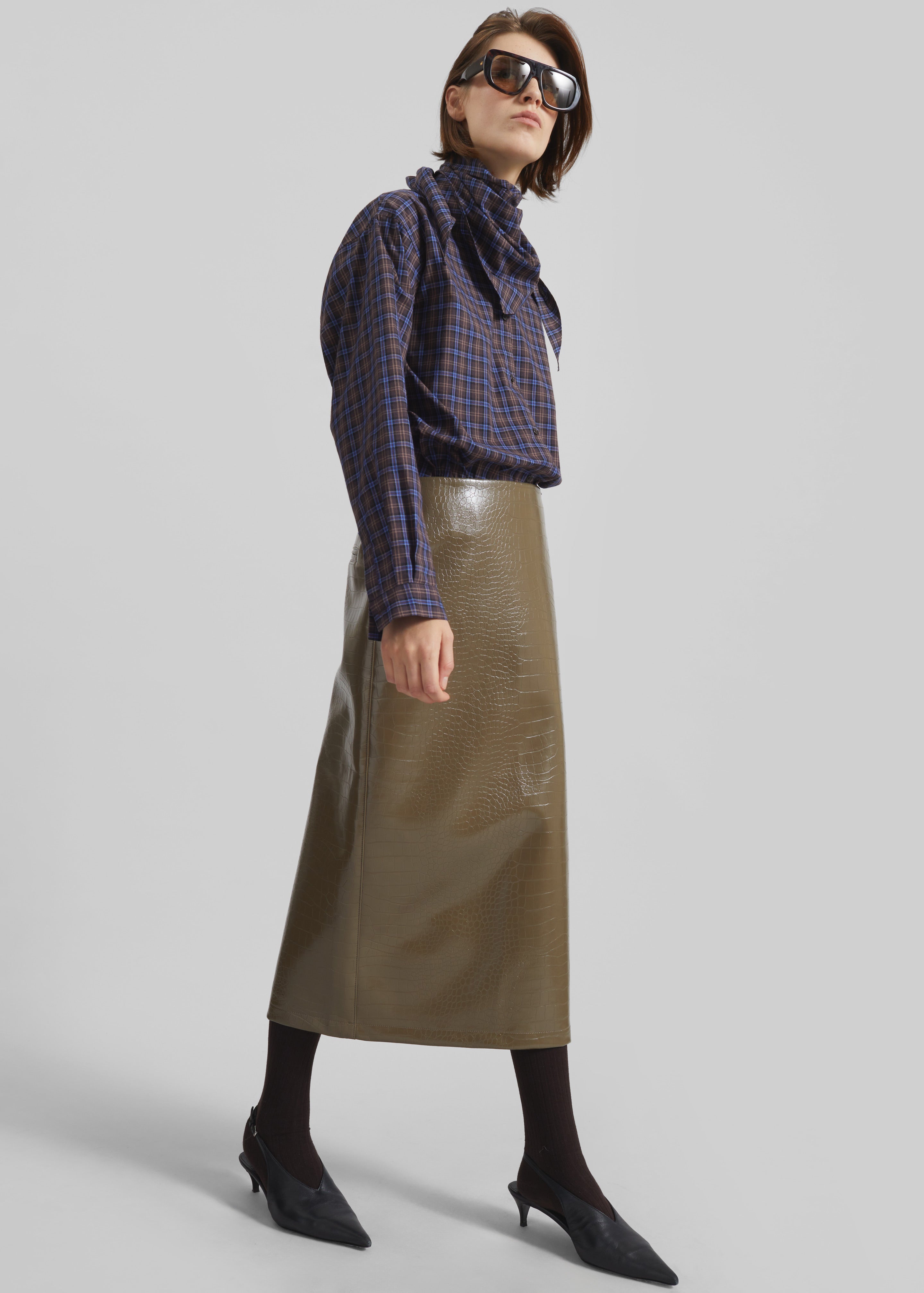Charleroi Faux Leather Croc Midi Skirt - Olive Brown - 9