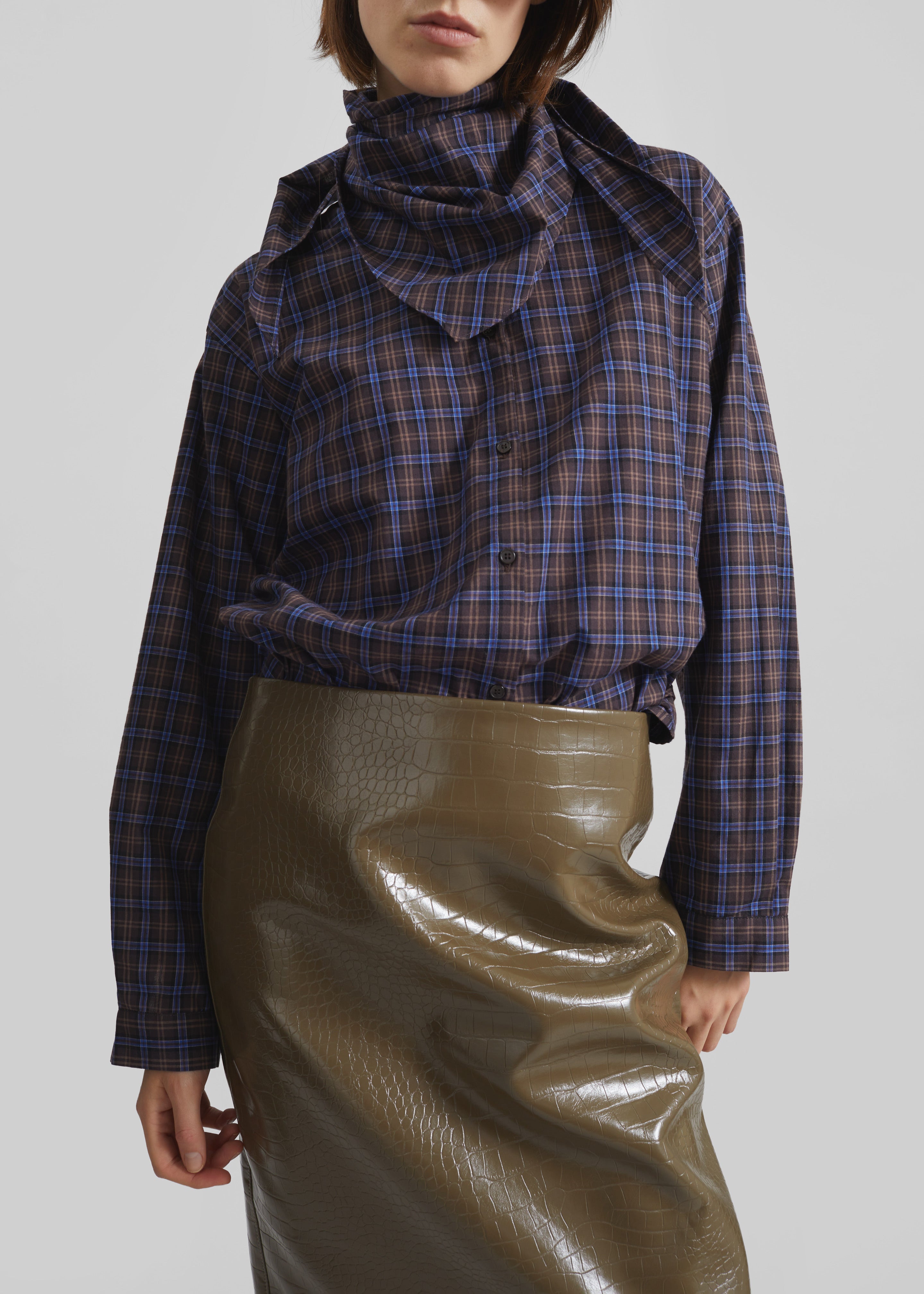 Charleroi Faux Leather Croc Midi Skirt - Olive Brown - 7