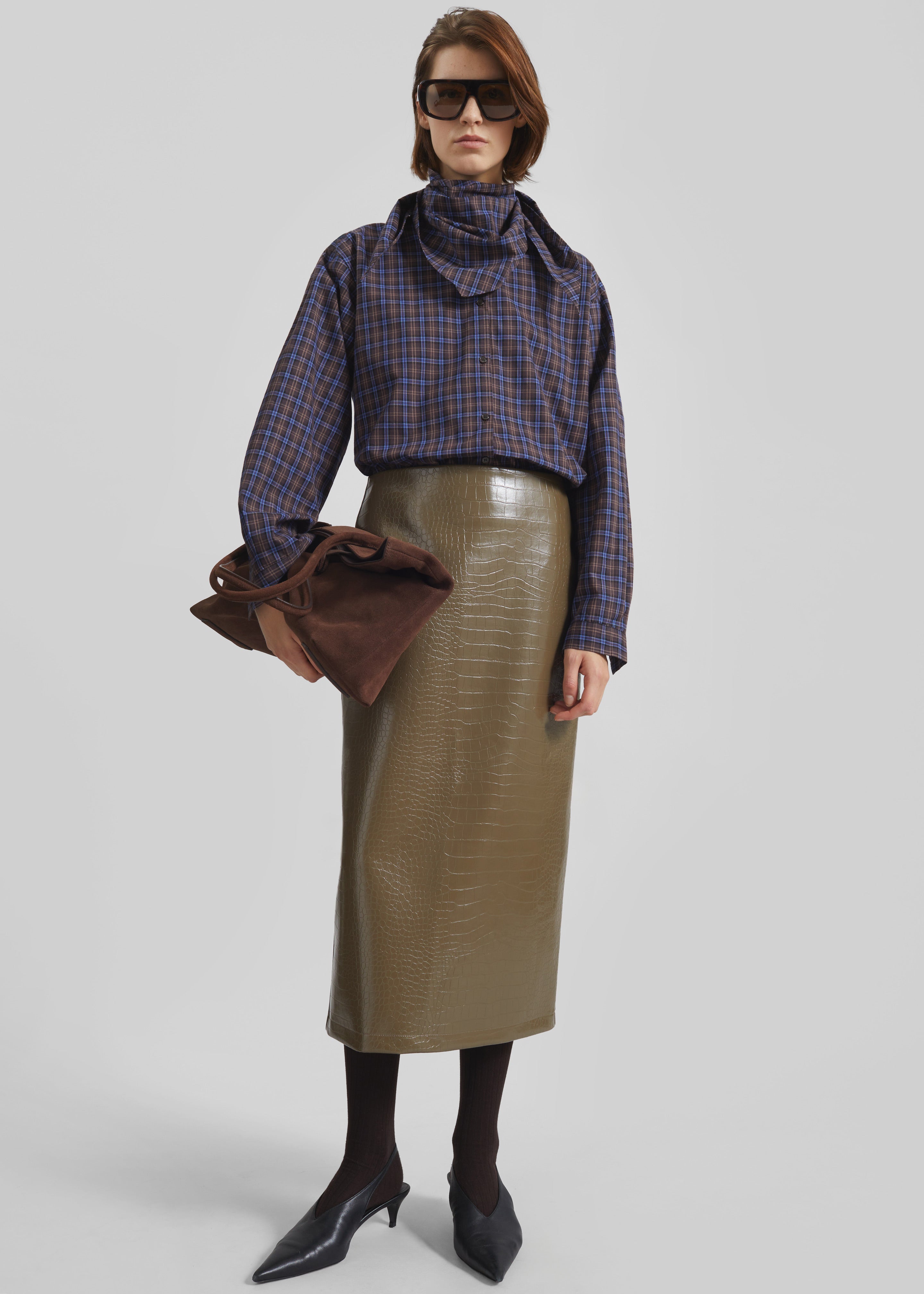 Charleroi Faux Leather Croc Midi Skirt - Olive Brown - 6