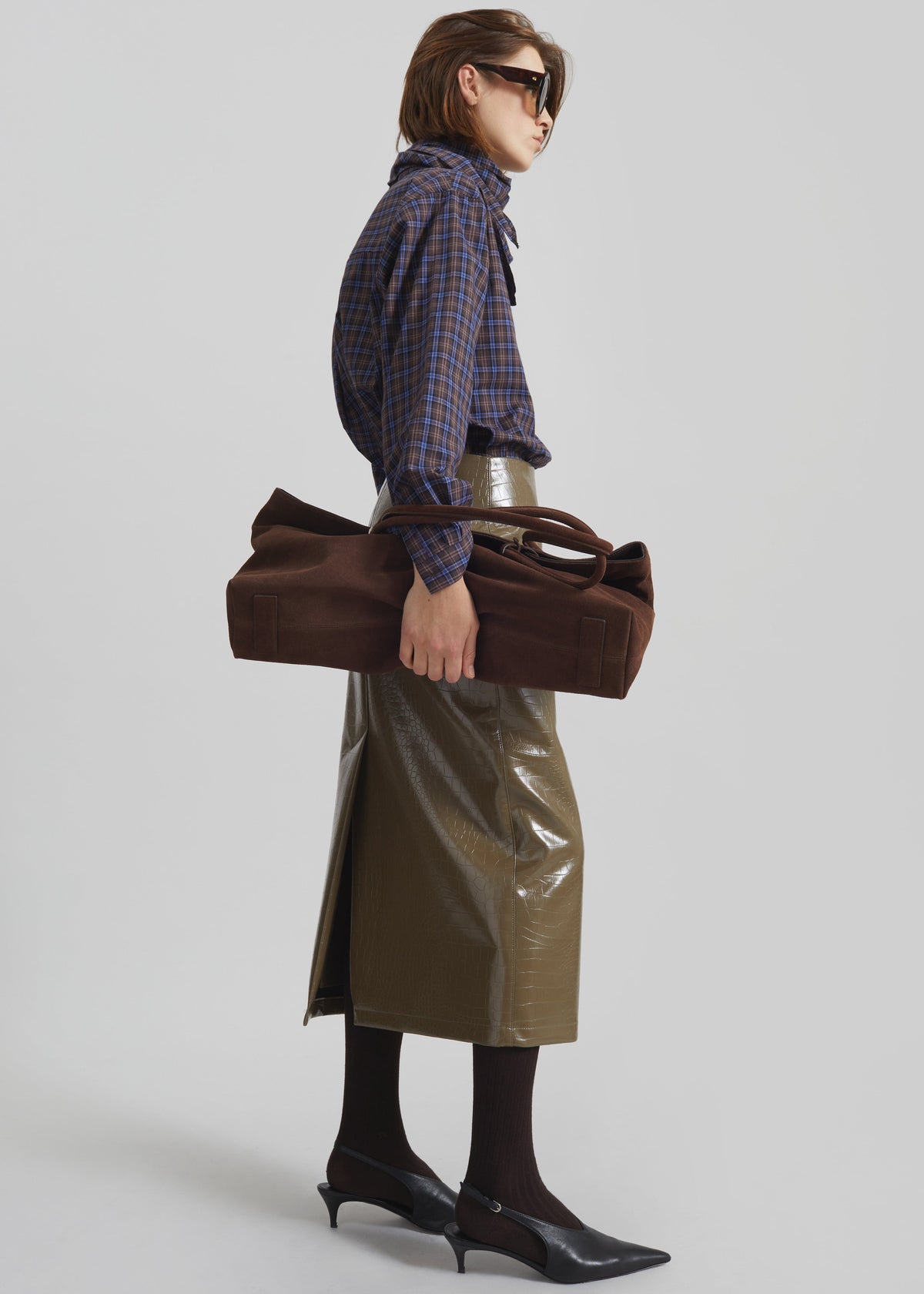 Charleroi Faux Leather Croc Midi Skirt - Olive Brown - 5