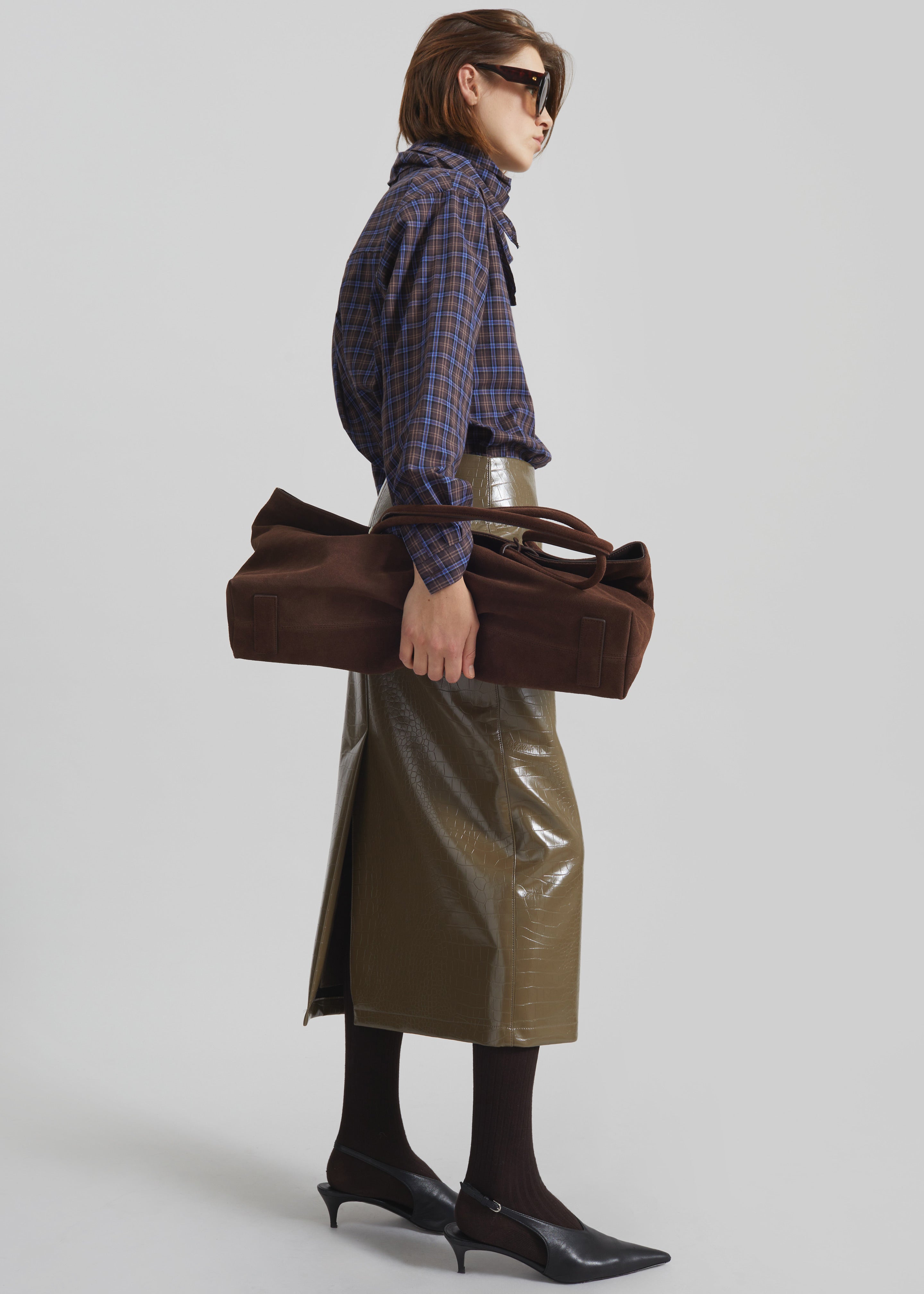 Charleroi Faux Leather Croc Midi Skirt - Olive Brown - 5