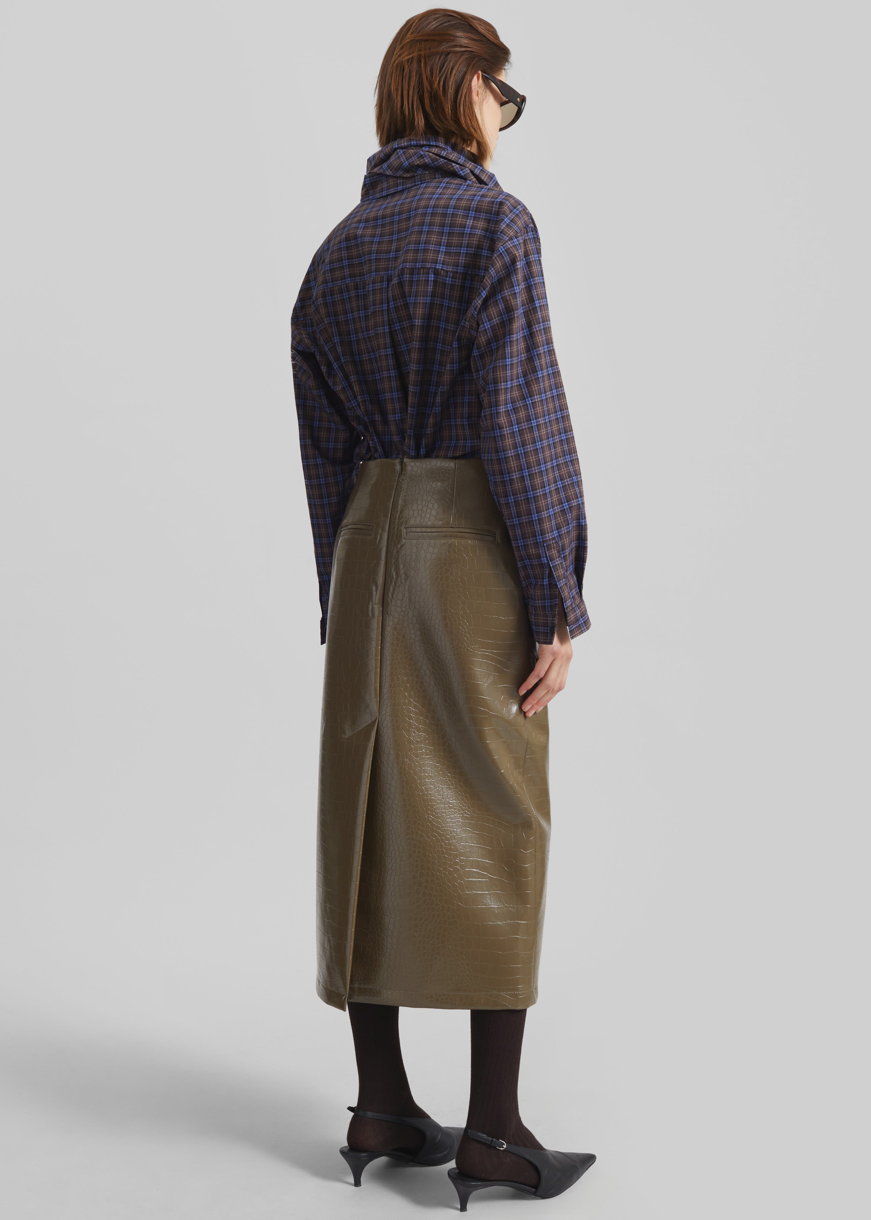 Charleroi Faux Leather Croc Midi Skirt - Olive Brown - 10