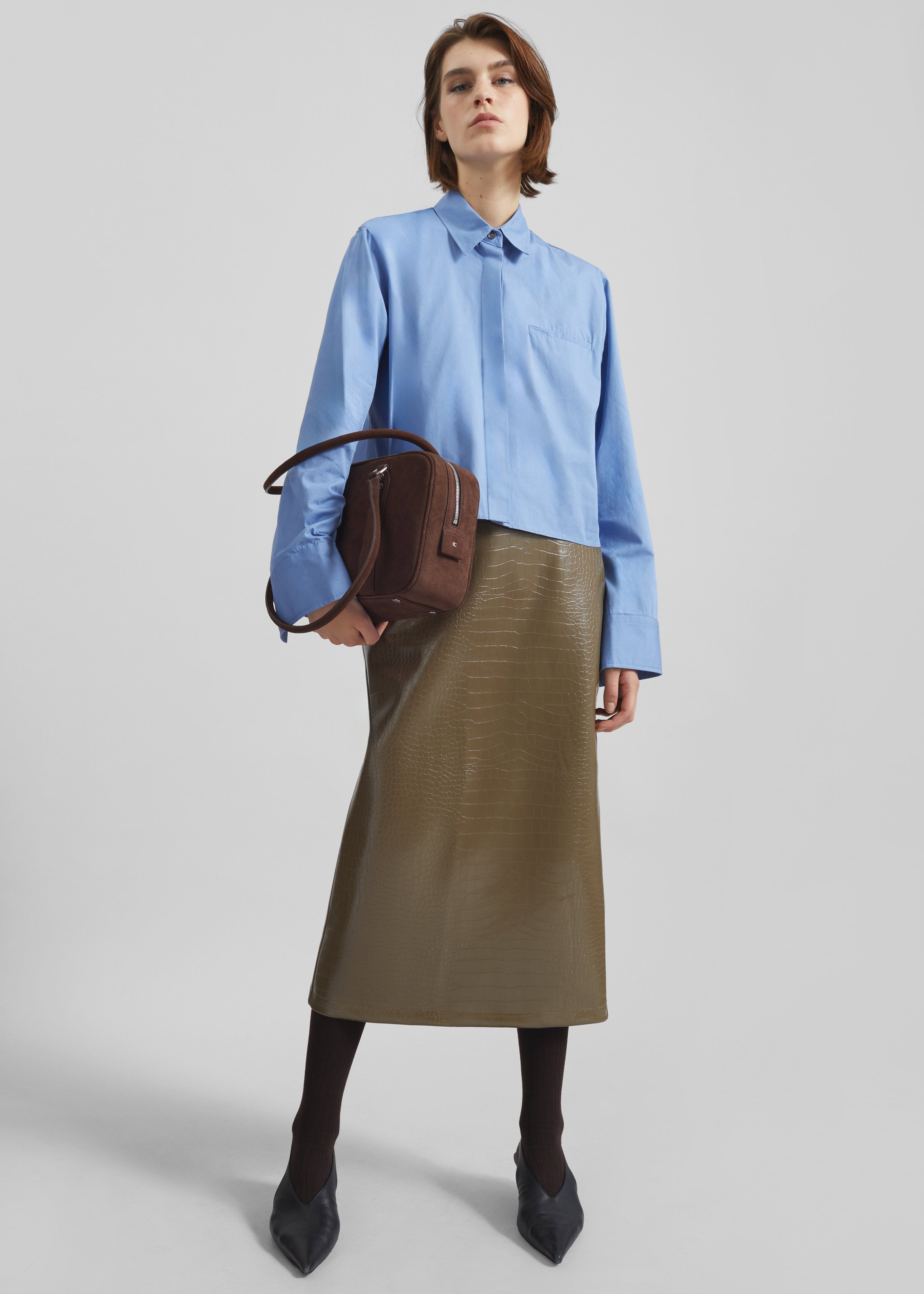 Charleroi Faux Leather Croc Midi Skirt - Olive Brown - 8