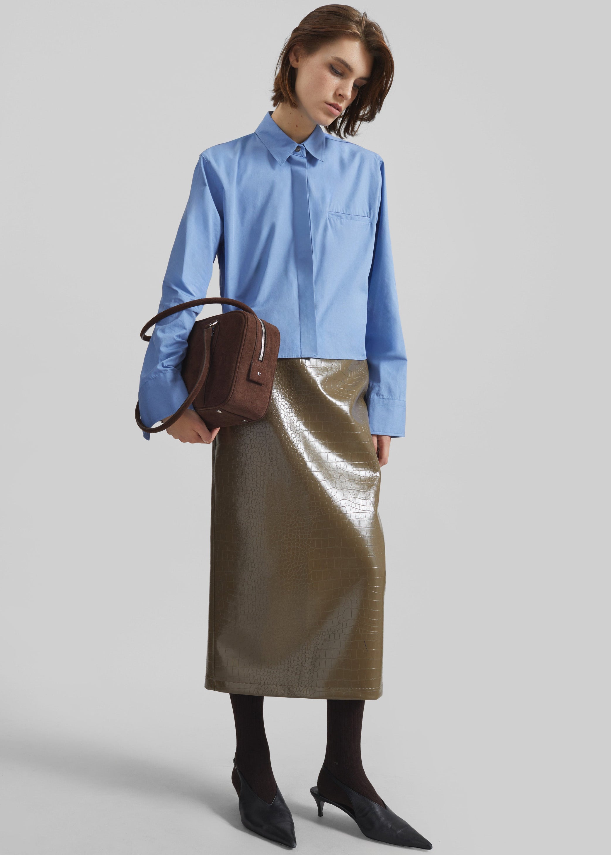Shop the look image for Cerys Faux Leather Croc Midi Skirt - Olive Brown